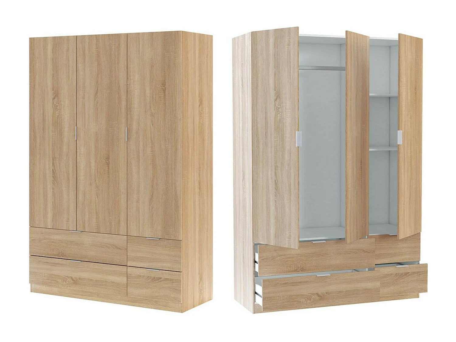 Dmora Kledingkast 3 Deuren Weymouth 52x135 cm Bruin Eiken Kledingstang 2 Planken, Slaapkamerkast 4 Laden