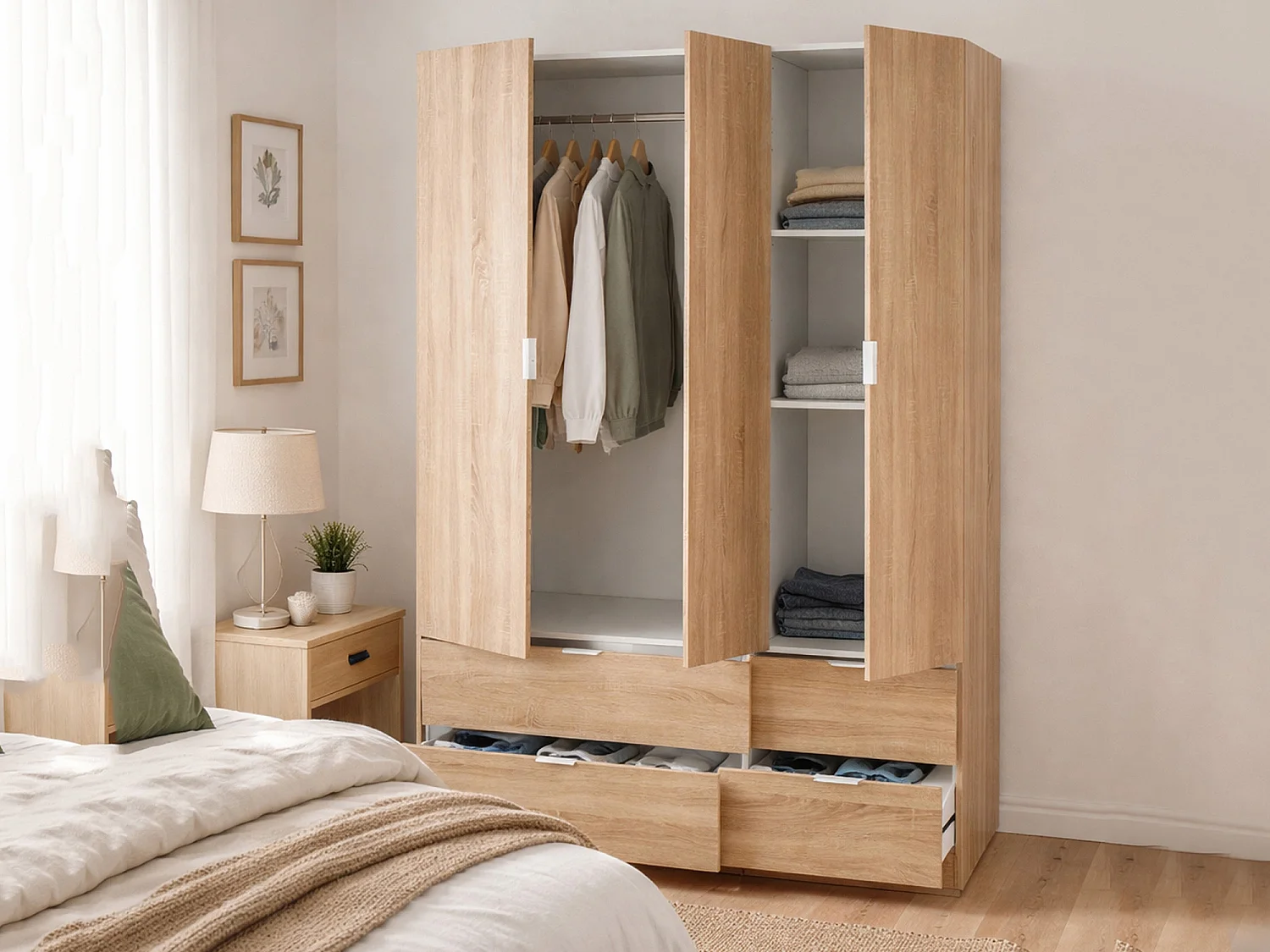 Armoire Weymouth, Armoire de chambre avec 3 portes et 2 tiroirs, Armoire à vêtements, 135x52h200 cm, Chêne