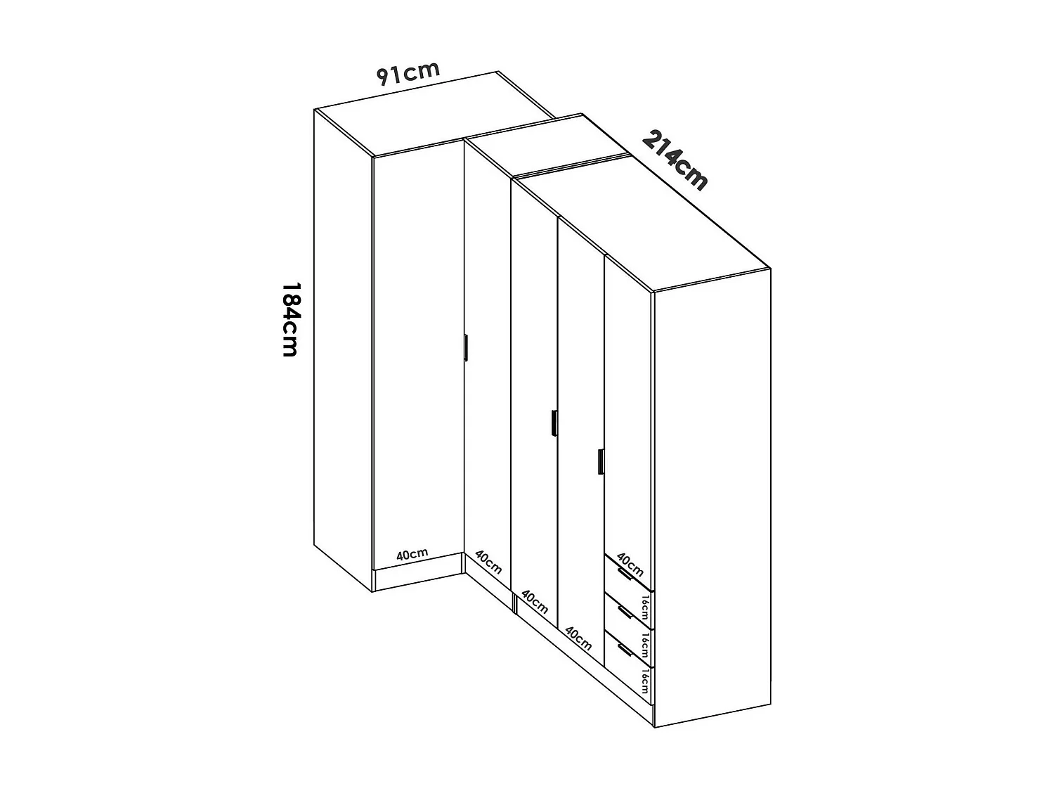 Kleiderschrank Succiso, Eckschrank für Schlafzimmer, Eckschrank mit 5 Flügeltüren, 214x91h184 cm, Eiche