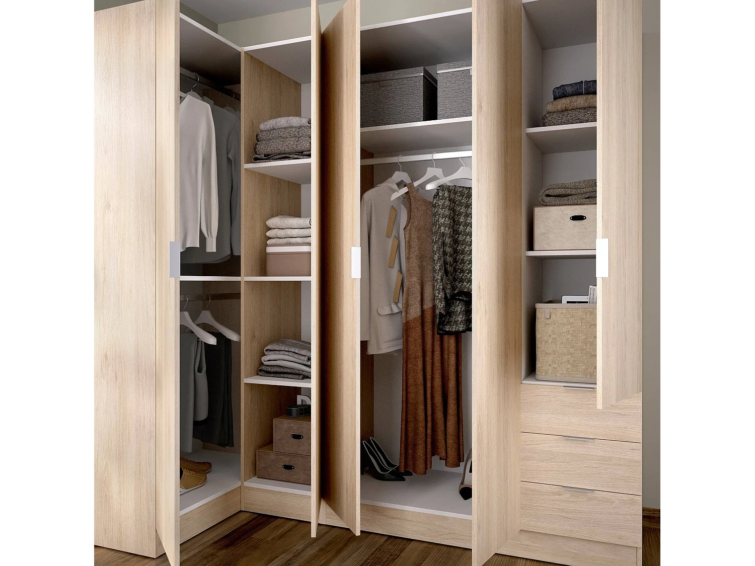 Kleiderschrank Succiso, Eckschrank für Schlafzimmer, Eckschrank mit 5 Flügeltüren, 214x91h184 cm, Eiche
