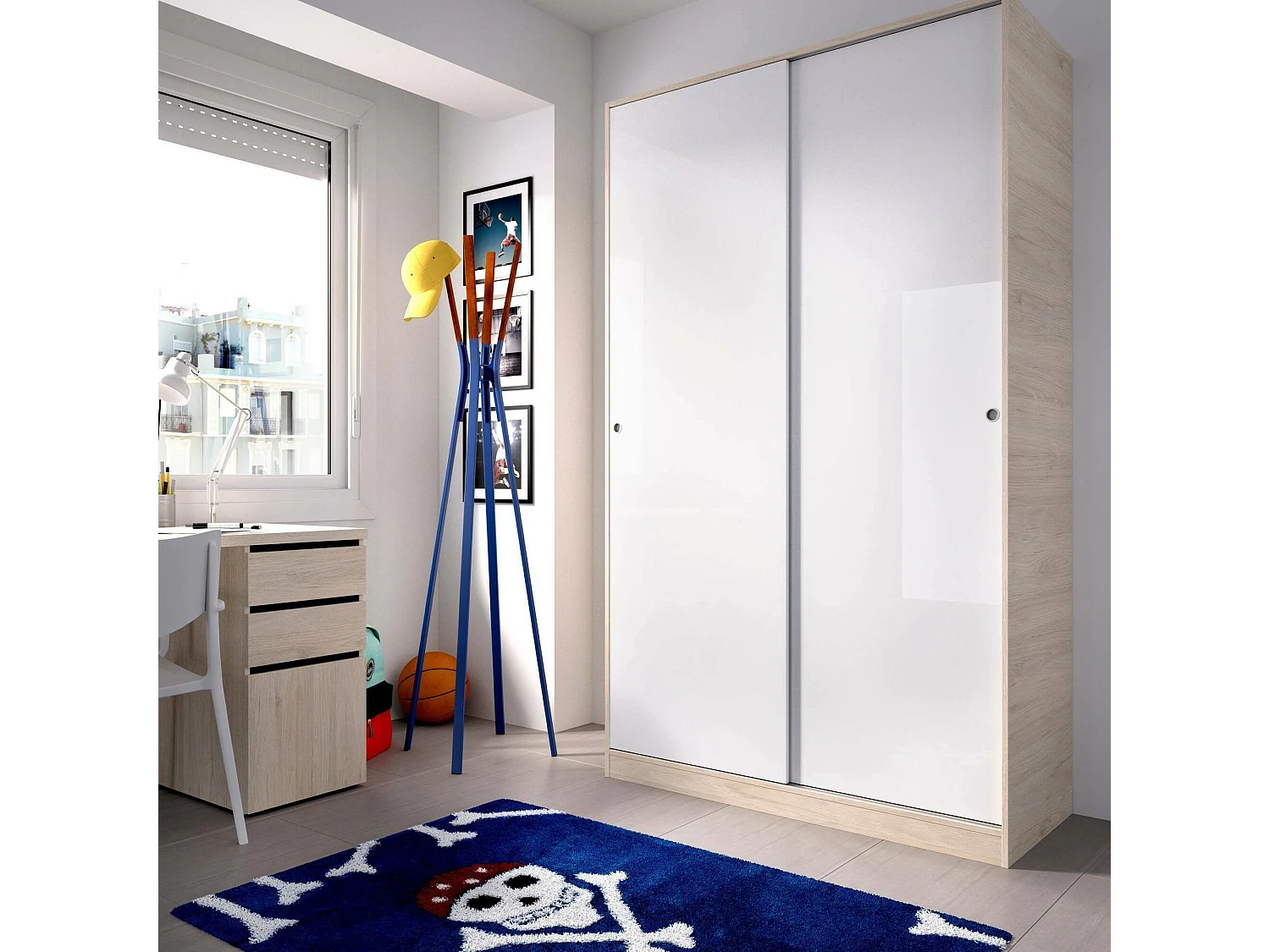 Armoire Denali, Cintre pour chambre à coucher, Armoire avec 2 portes coulissantes, 120x50h204 cm, Blanc et Chêne
