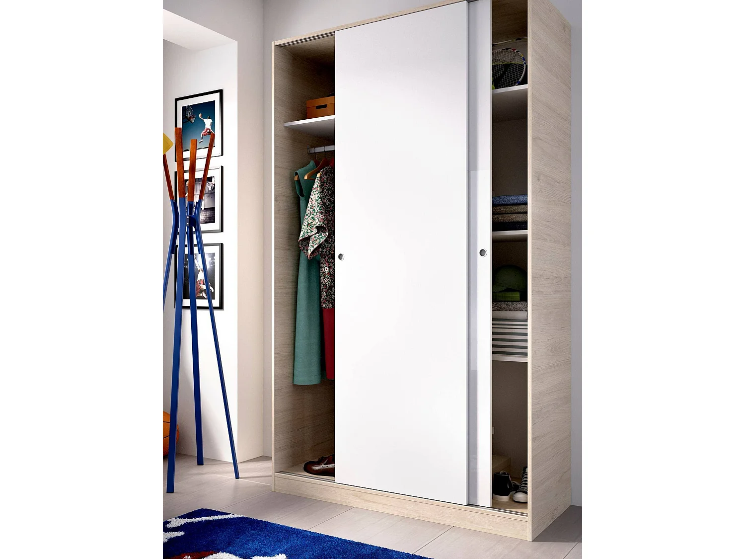 Armário Denali, Cabide para quarto, Armário com 2 portas de correr, 120x50h204 cm, Branco e Carvalho