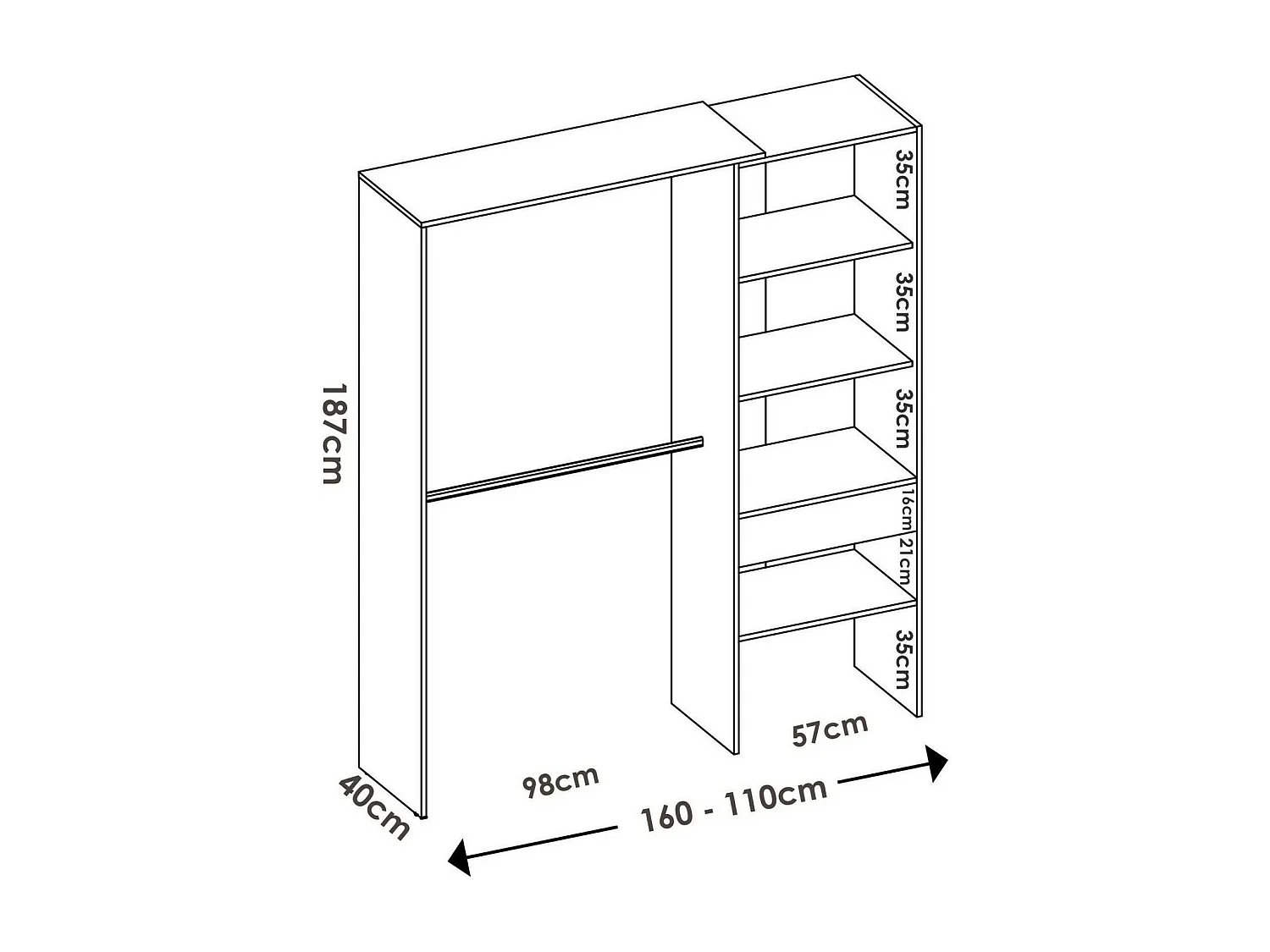 Lhotse kledingkast, Structuur voor inloopkast, Open kleerhanger, 160x40h187 cm, Wit
