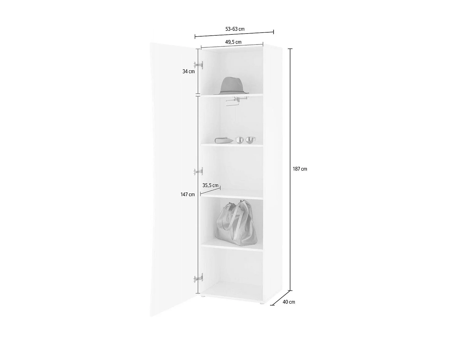 Armário multiuso Ddandre, Sapateira com 1 porta e 4 prateleiras, Armário multifuncional, 100% Fabricado na Itália, 63x40h187 cm, Branco brilhante