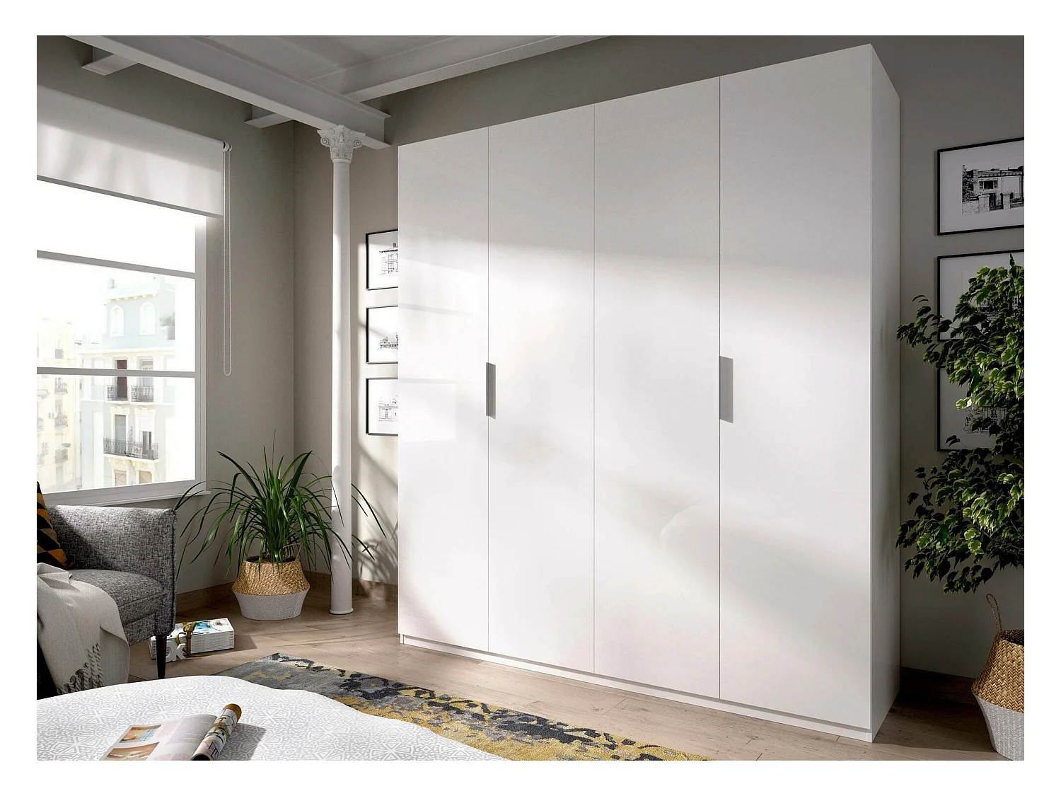 Guardaroba Prado, Mobile appendiabiti per camera da letto, Armadio a 4 ante battenti, 180x52h204 cm, Bianco