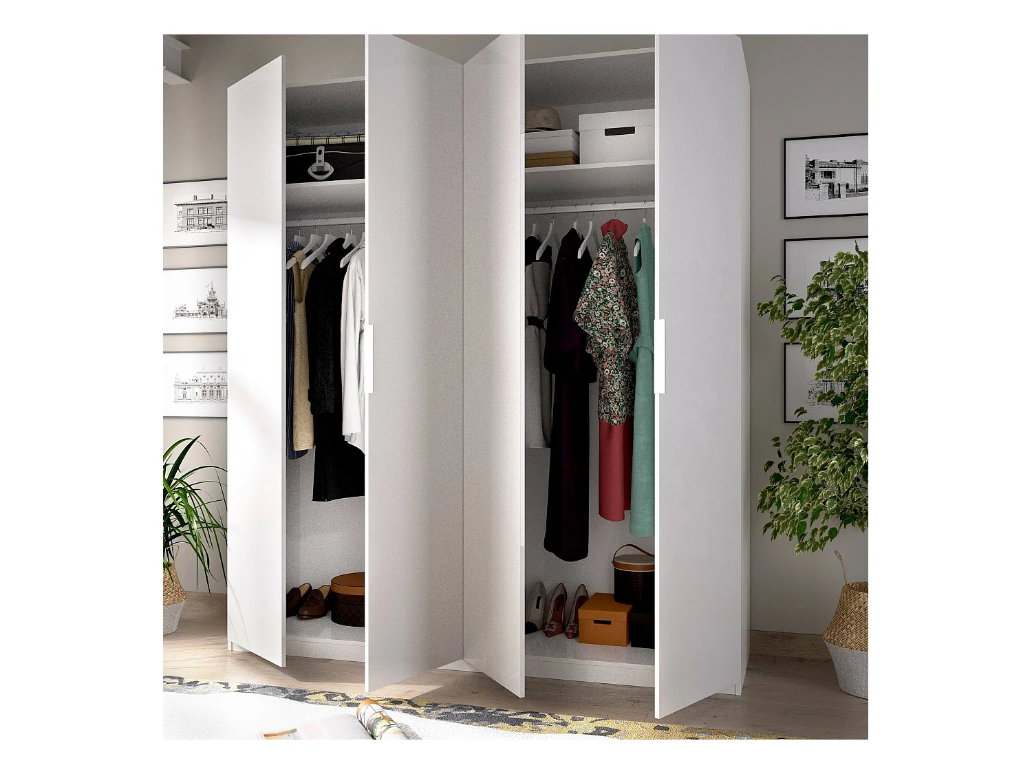 Guardaroba Prado, Mobile appendiabiti per camera da letto, Armadio a 4 ante battenti, 180x52h204 cm, Bianco