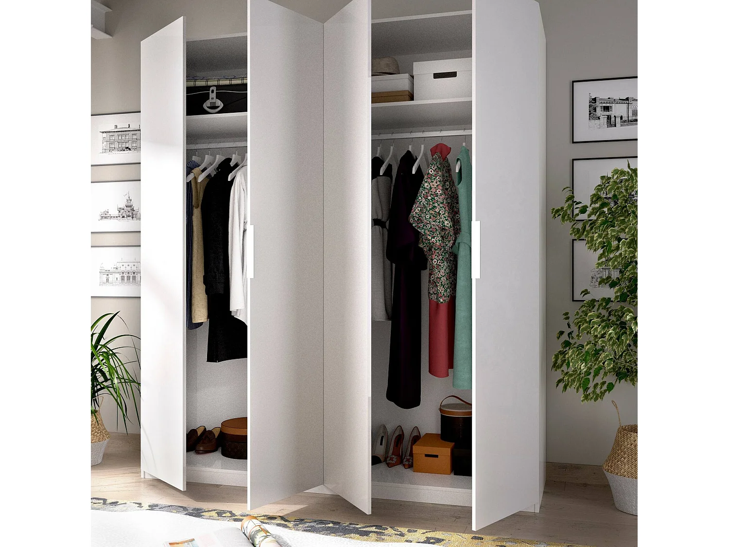 Guardaroba Prado, Mobile appendiabiti per camera da letto, Armadio a 4 ante battenti, 180x52h204 cm, Bianco