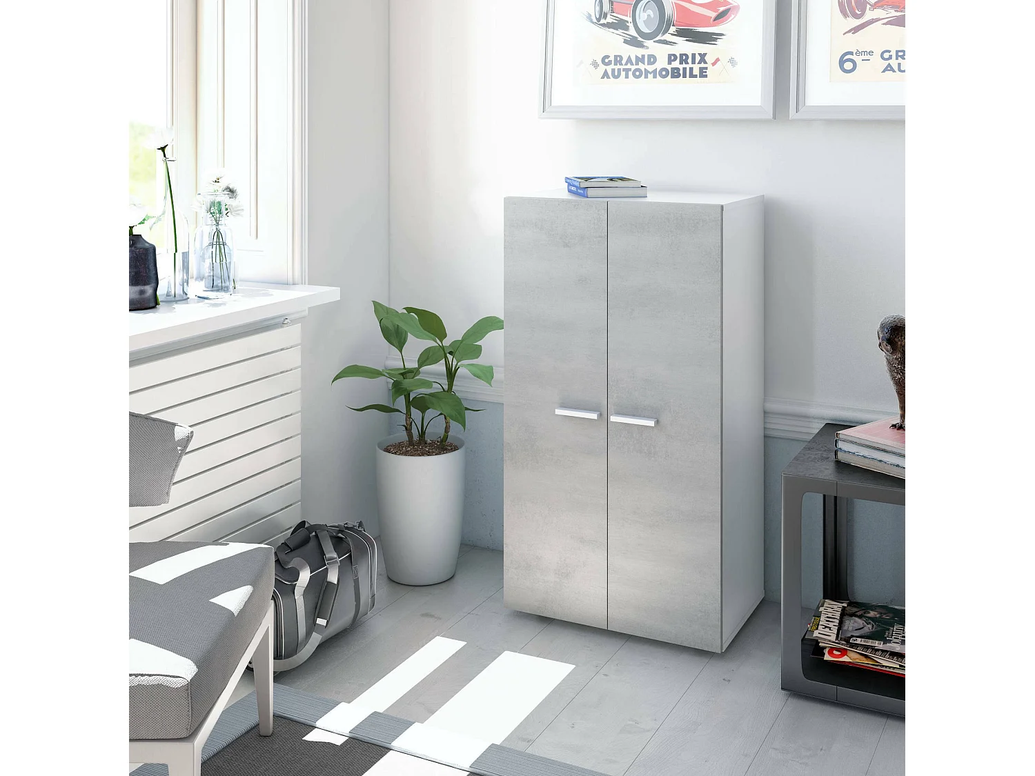 Dmora - Armadio multiuso 2 ante Arful, 55x36h103 cm, Bianco e Cemento