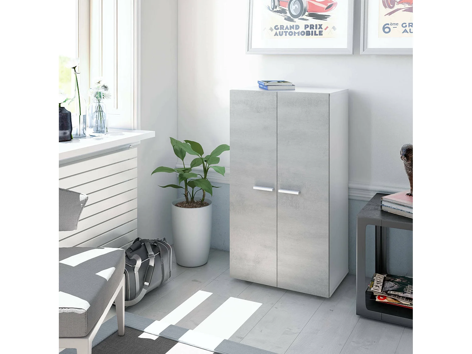 Dlazar multifunctionele kledingkast, schoenenkast met 2 deuren, lage kast met 6 planken, modern laag schoenenrek, 55x36h103 cm, wit en cement