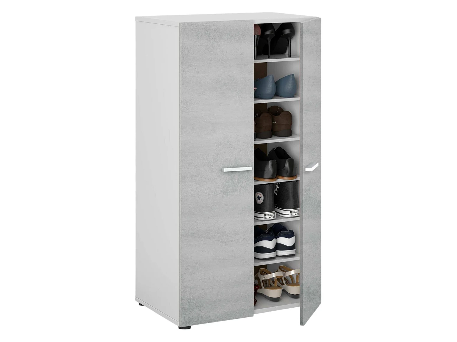Dlazar multifunctionele kledingkast, schoenenkast met 2 deuren, lage kast met 6 planken, modern laag schoenenrek, 55x36h103 cm, wit en cement