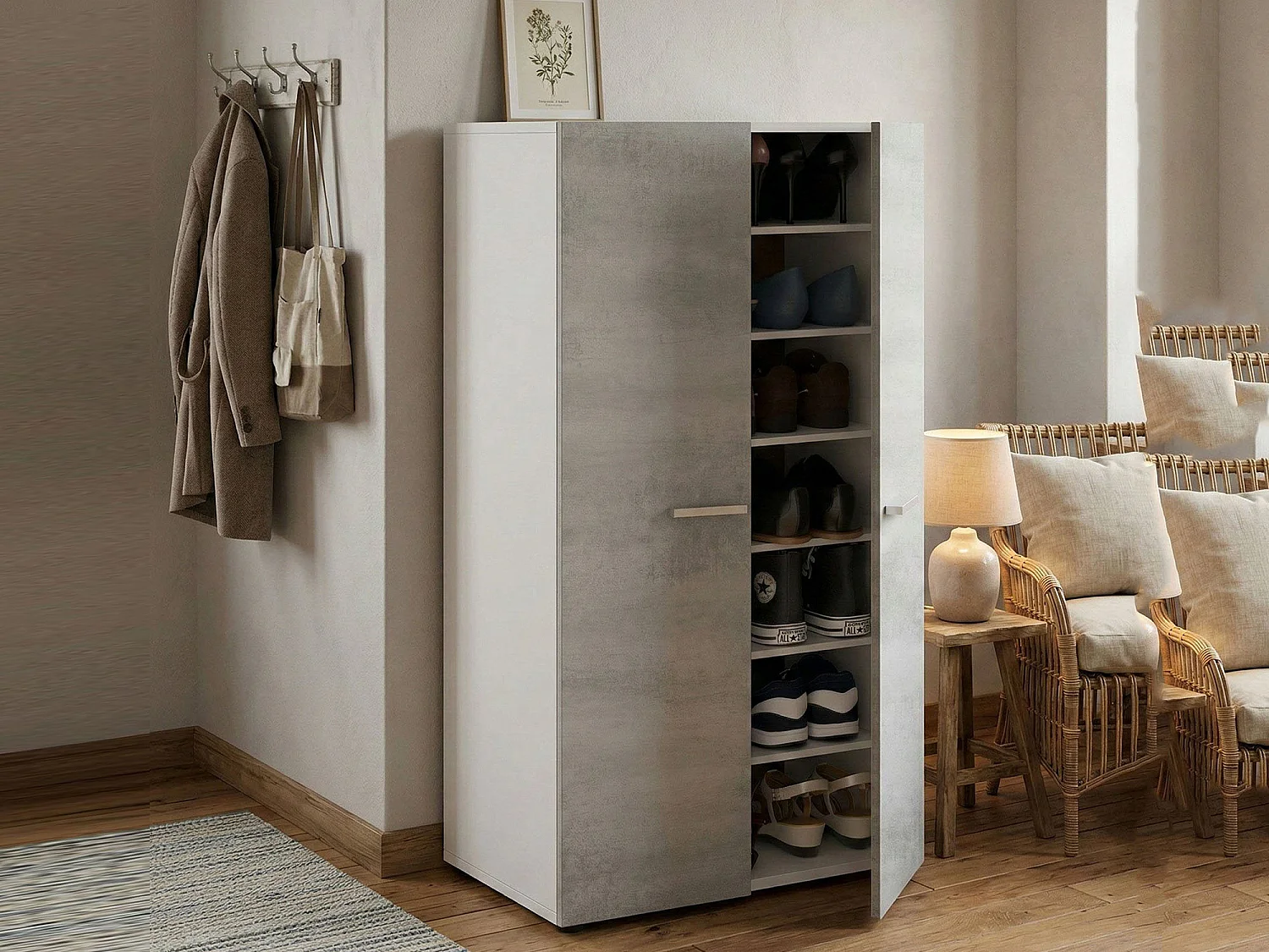 Dlazar multifunctionele kledingkast, schoenenkast met 2 deuren, lage kast met 6 planken, modern laag schoenenrek, 55x36h103 cm, wit en cement