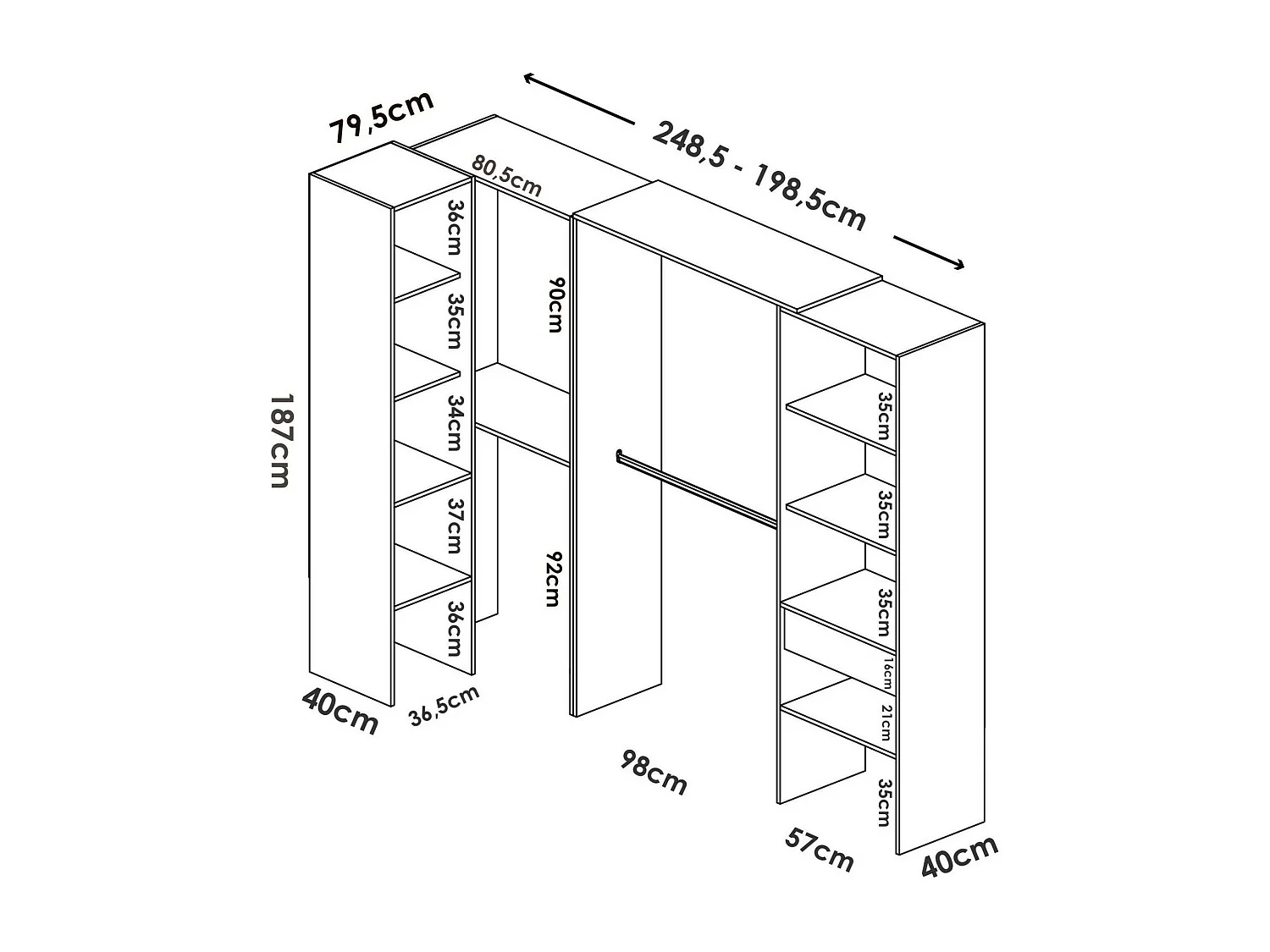 Armoire Arera, Structure pour dressing d'angle, Cintre d'angle ouvert, 248x79h187 cm, Chêne