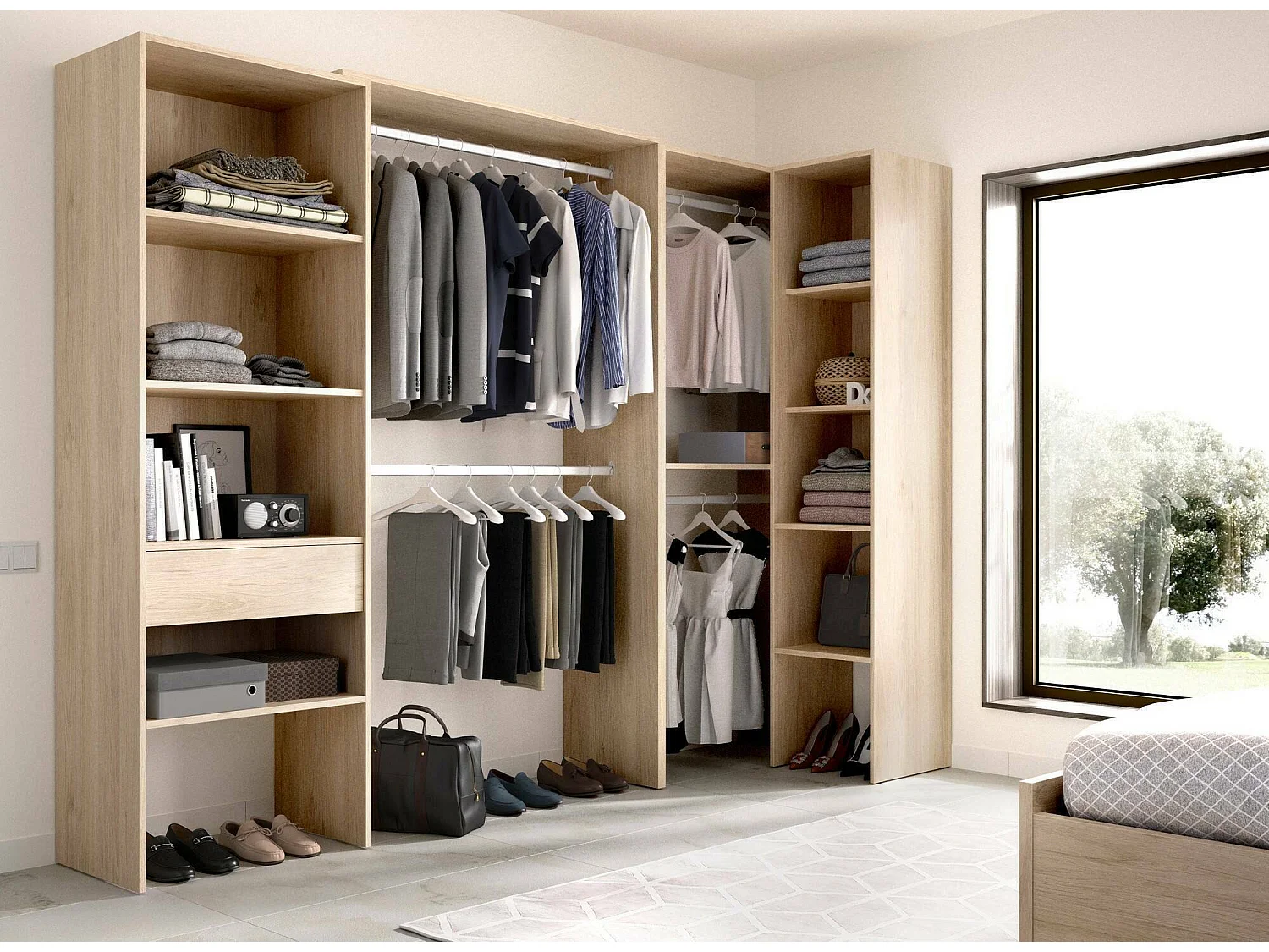 Armoire Arera, Structure pour dressing d'angle, Cintre d'angle ouvert, 248x79h187 cm, Chêne