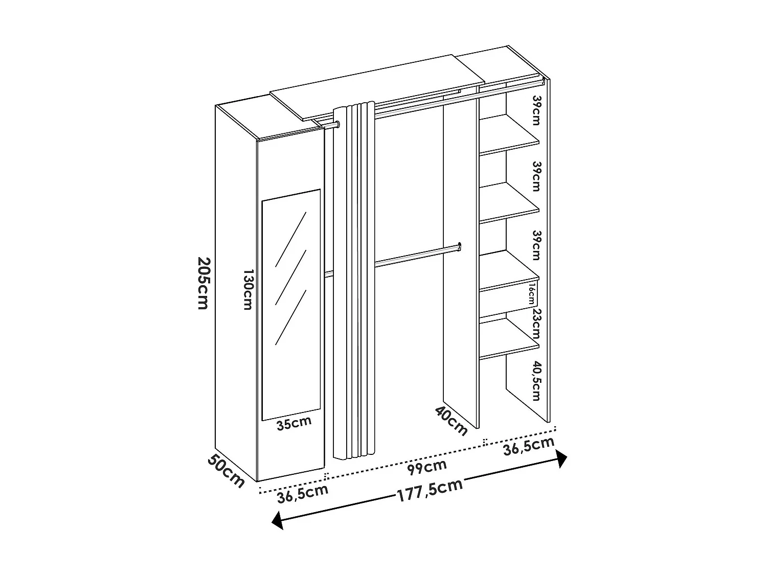 Armoire Rigi, Structure pour dressing, Cintre ouvert, 177x52h205 cm, Blanc et Anthracite