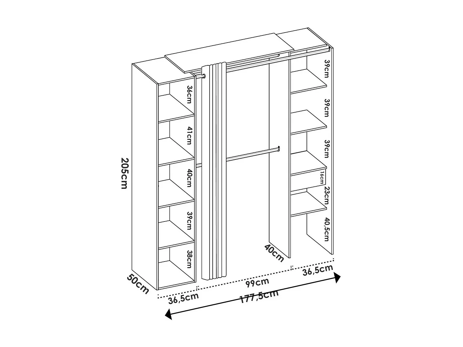 Kleiderschrank Rigi, Struktur für begehbaren Kleiderschrank, offene Garderobe, 177x52h205 cm, WeiÃŸ und Anthrazit