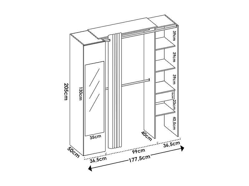 Armoire Rigi, Structure pour dressing, Cintre ouvert, 177x52h205 cm, Blanc et Anthracite