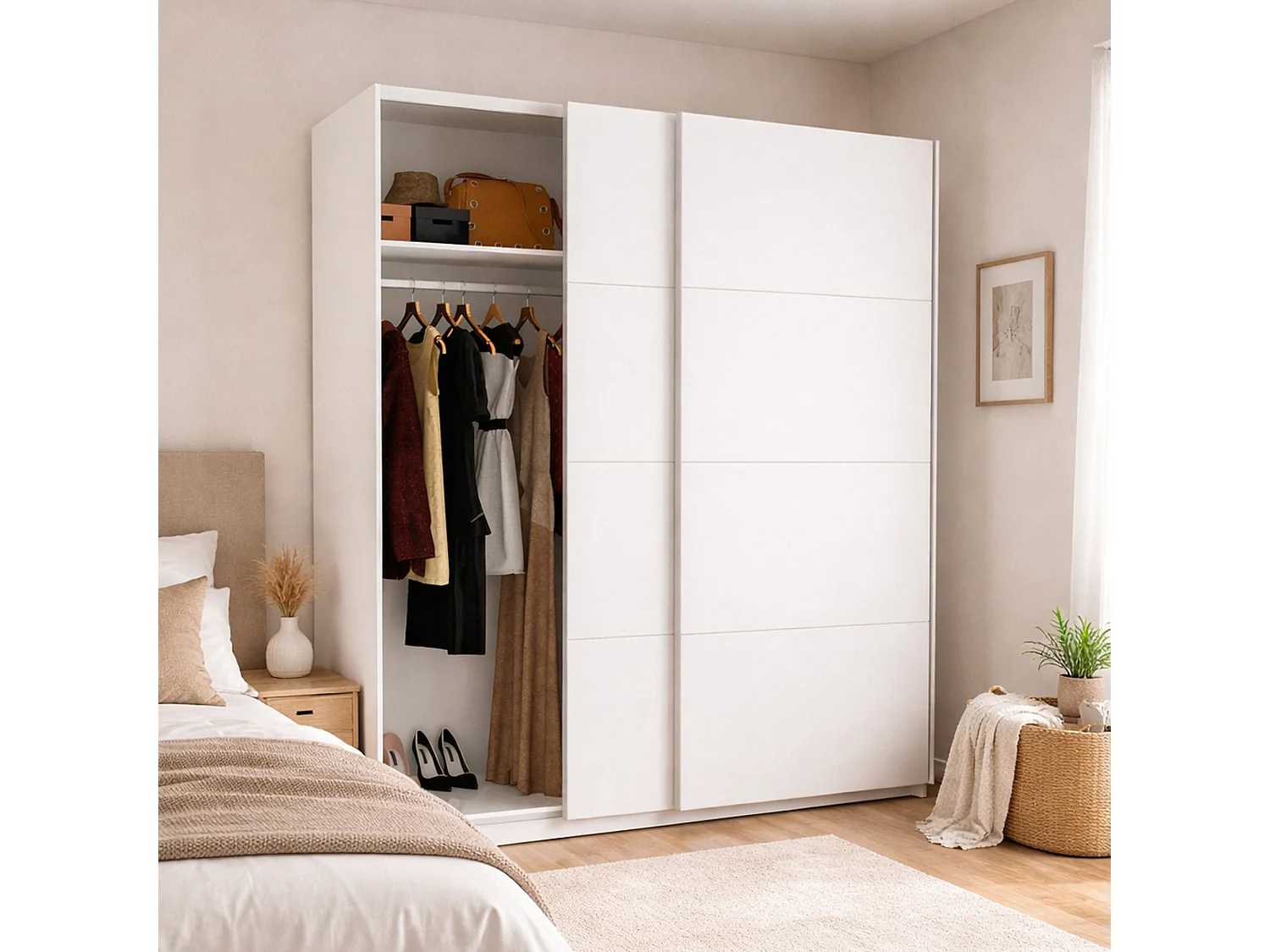 Armario Saltoro, Perchero para dormitorio, Armario con 2 puertas correderas, 180x65h204 cm, Blanco