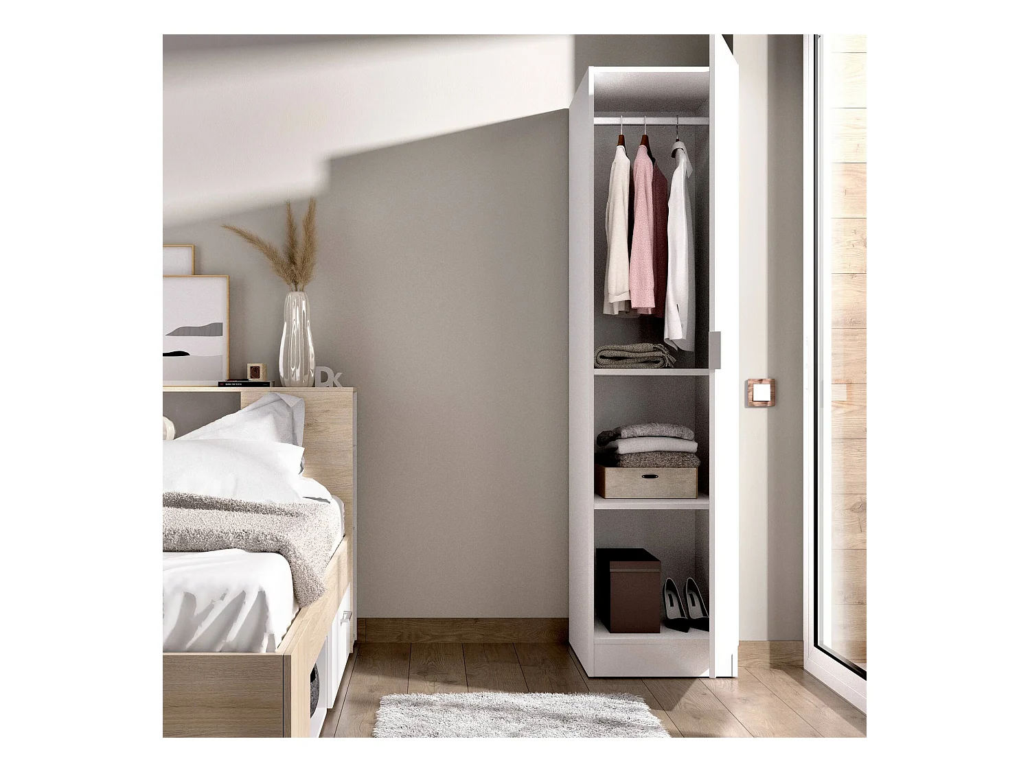 Armoire Cusna, Cintre pour chambre à coucher, Armoire avec 1 porte simple, 41x52h184 cm, Blanc