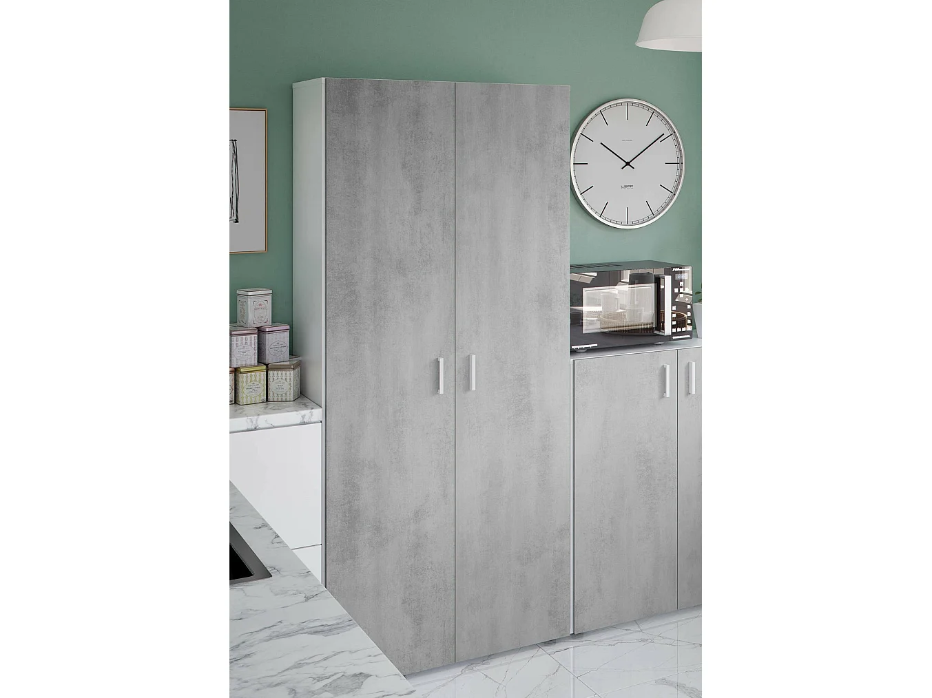 Dferre multifunctionele kledingkast, Extra kast met 2 deuren, Bezemkast met 2 deuren en 3 planken, 80x37h182 cm, Cement en Wit