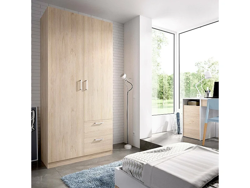 Armoire Velino, Cintre pour chambre à coucher, Armoire avec 2 portes battantes et 2 tiroirs, 100x52h215 cm, Chêne