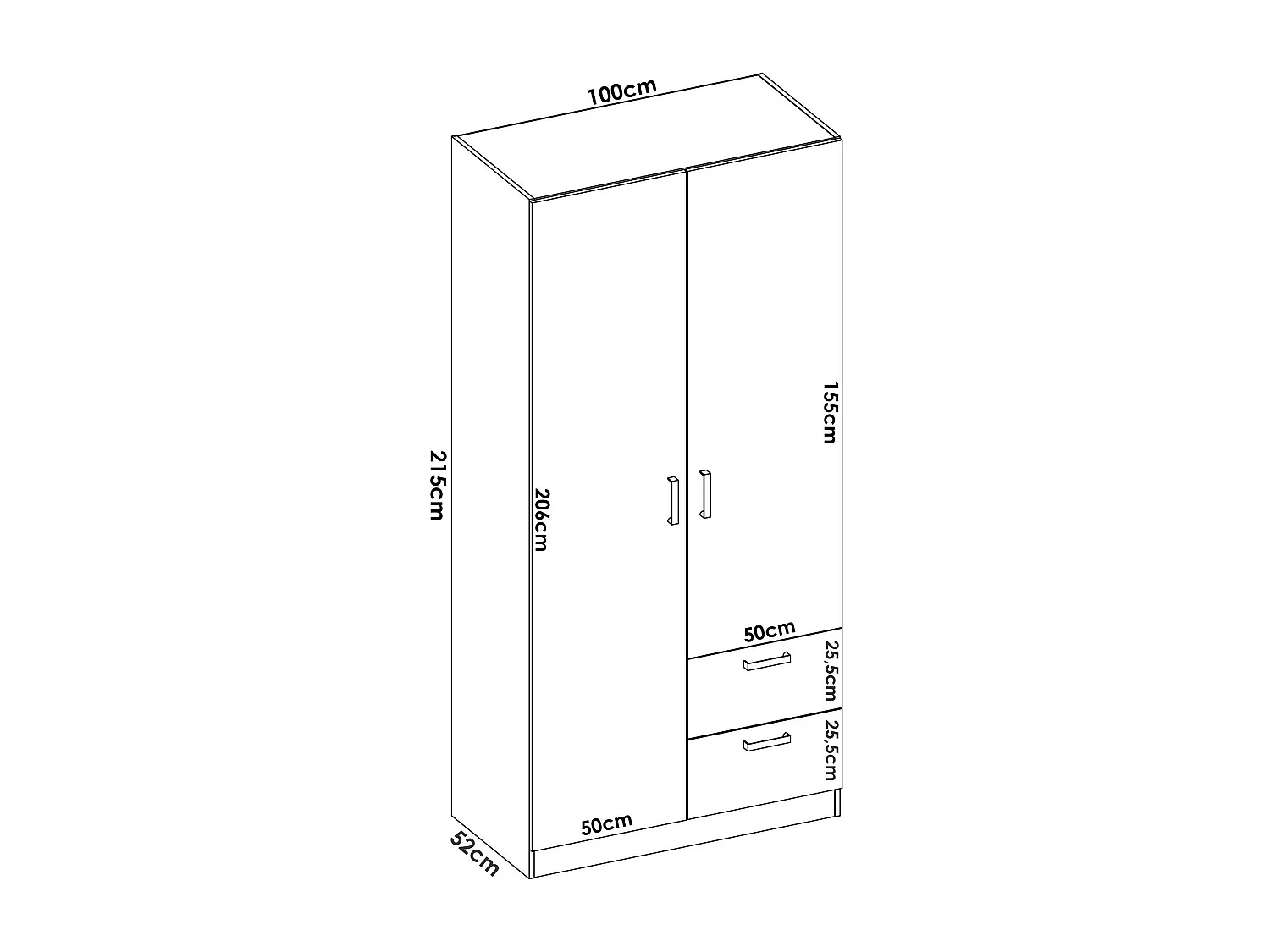 Armoire Velino, Cintre pour chambre à coucher, Armoire avec 2 portes battantes et 2 tiroirs, 100x52h215 cm, Chêne