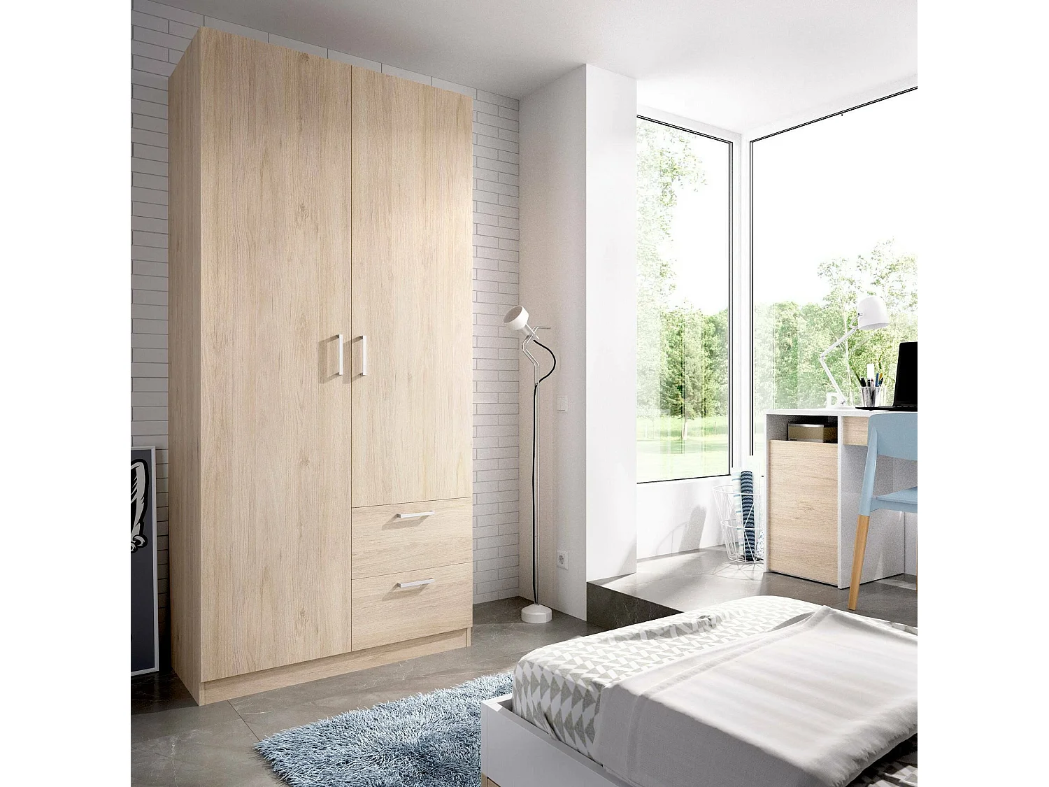 Armario Velino, Perchero para dormitorio, Armario con 2 puertas batientes y 2 cajones, 100x52h215 cm, Roble