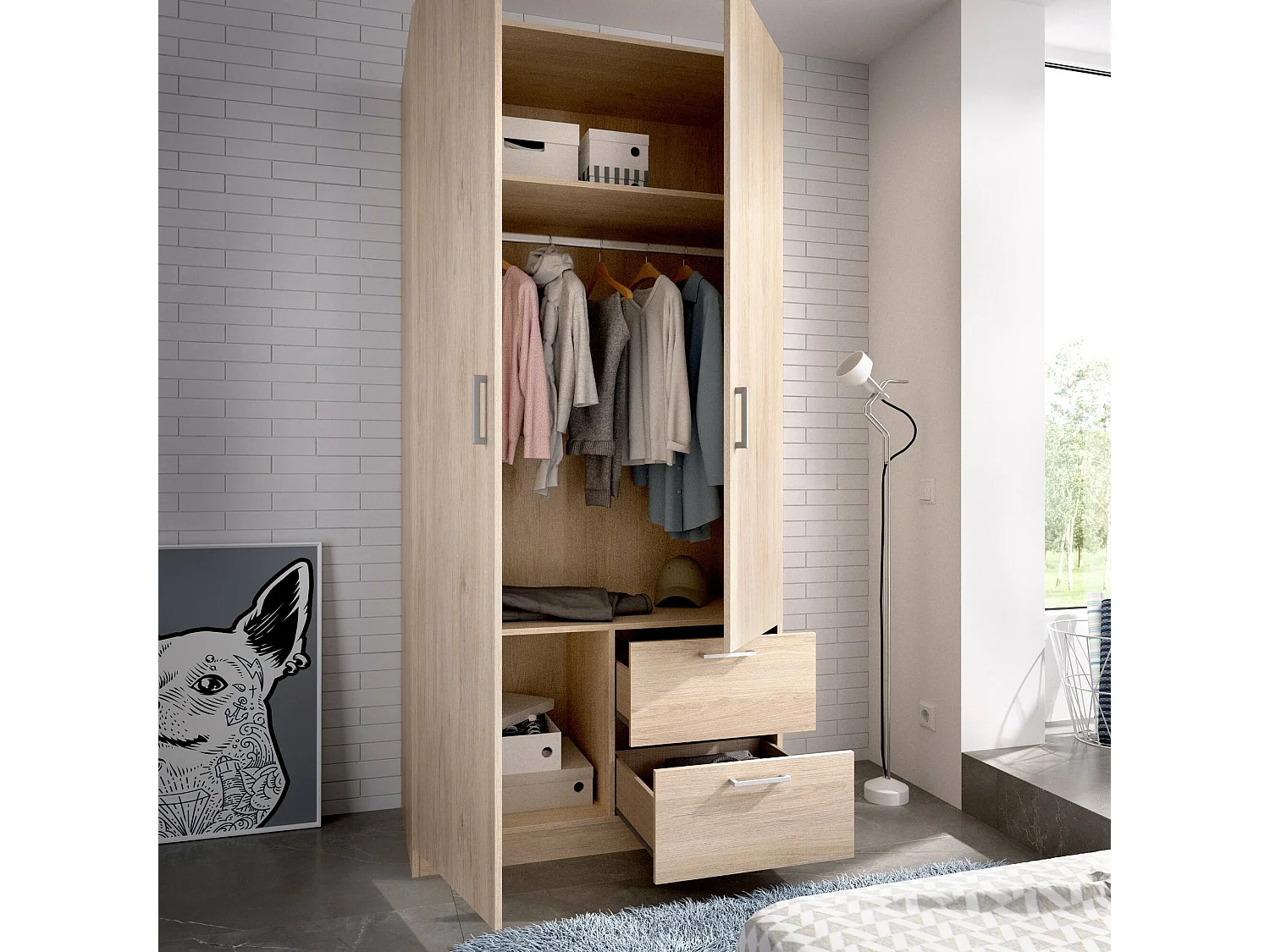 Armario Velino, Perchero para dormitorio, Armario con 2 puertas batientes y 2 cajones, 100x52h215 cm, Roble