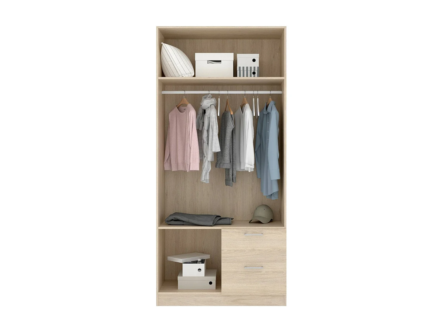 Armario Velino, Perchero para dormitorio, Armario con 2 puertas batientes y 2 cajones, 100x52h215 cm, Roble