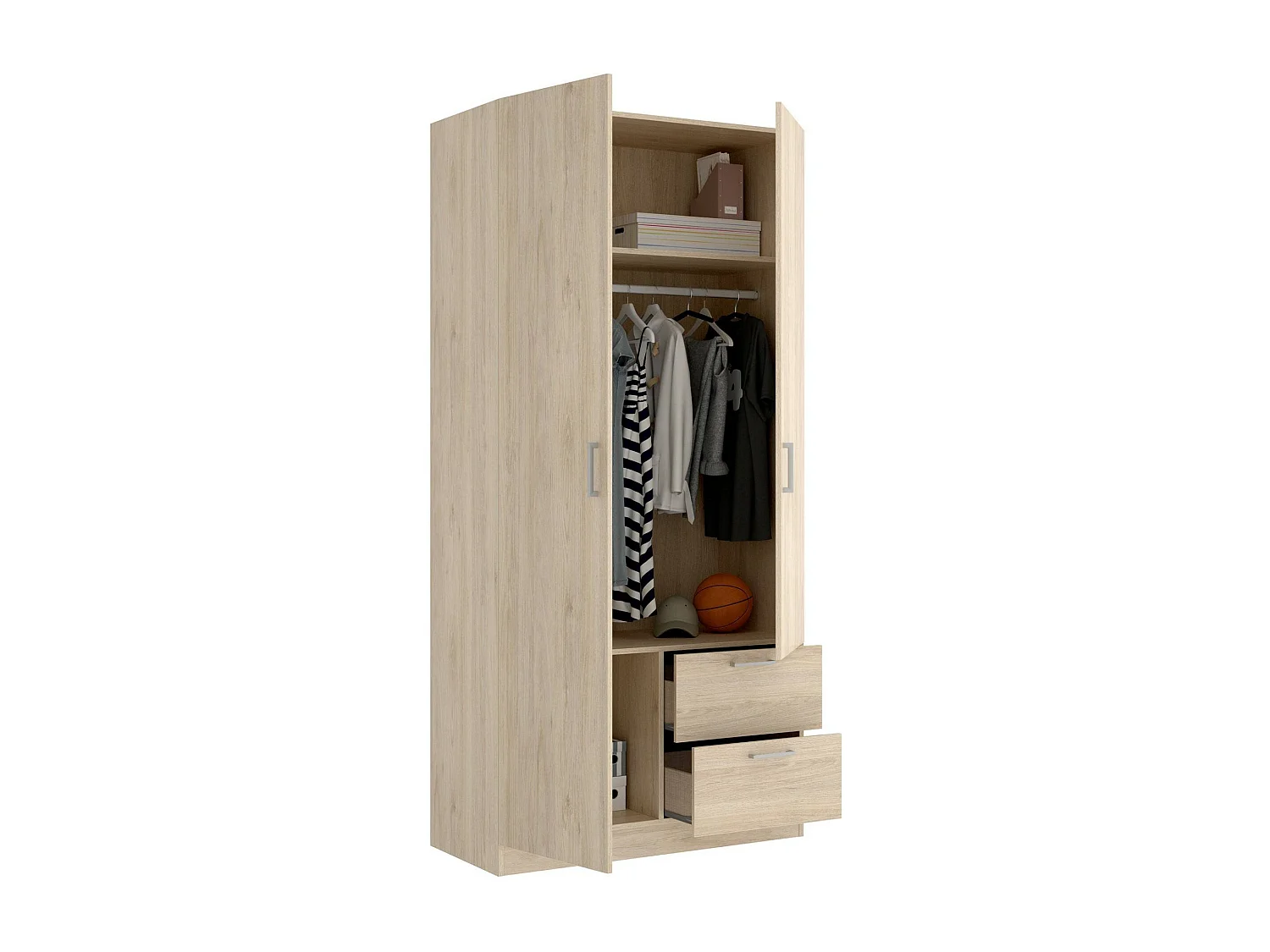 Armario Velino, Perchero para dormitorio, Armario con 2 puertas batientes y 2 cajones, 100x52h215 cm, Roble