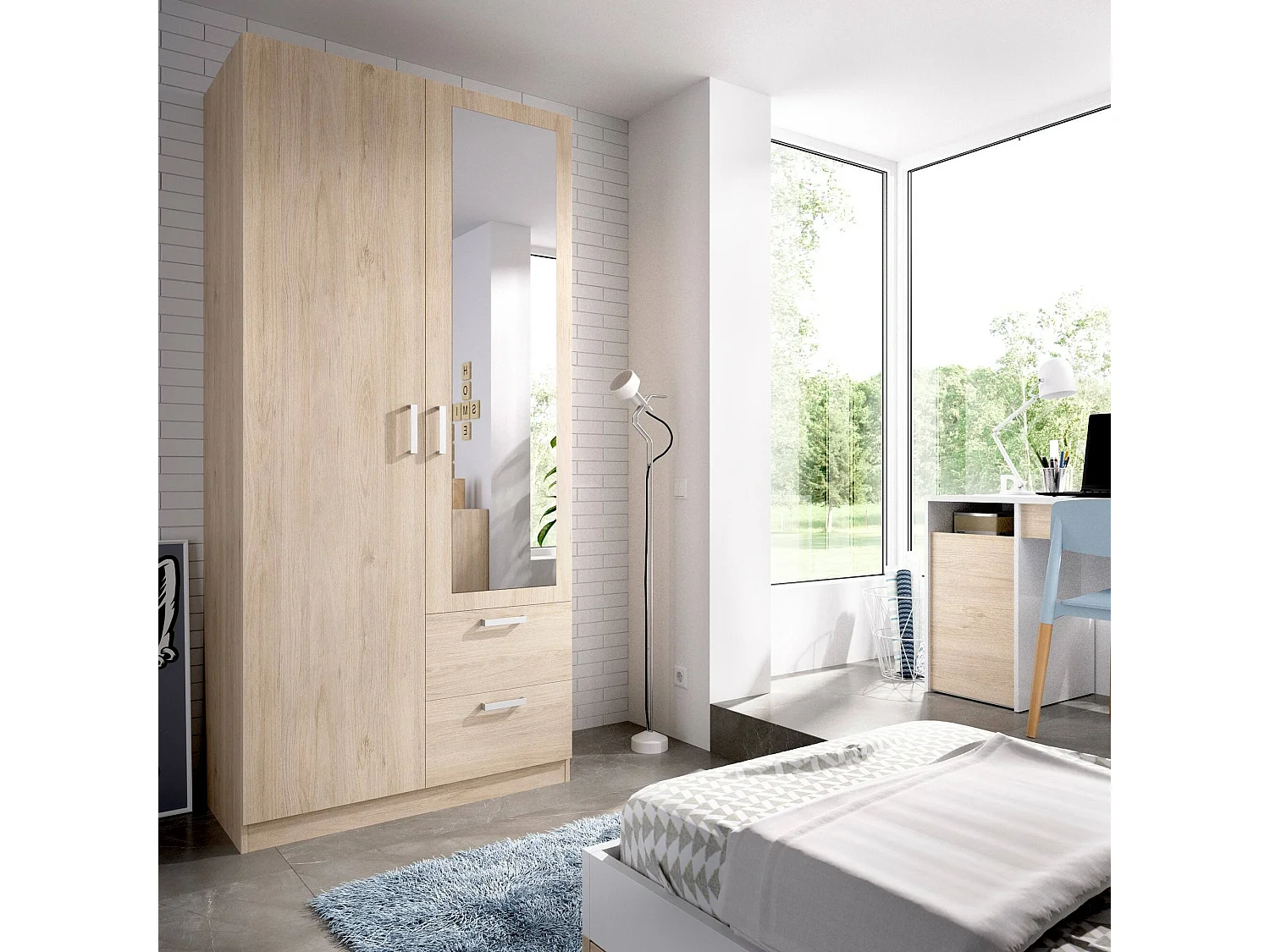 Armario Velino, Perchero para dormitorio, Armario con 2 puertas batientes y 2 cajones, 100x52h215 cm, Roble