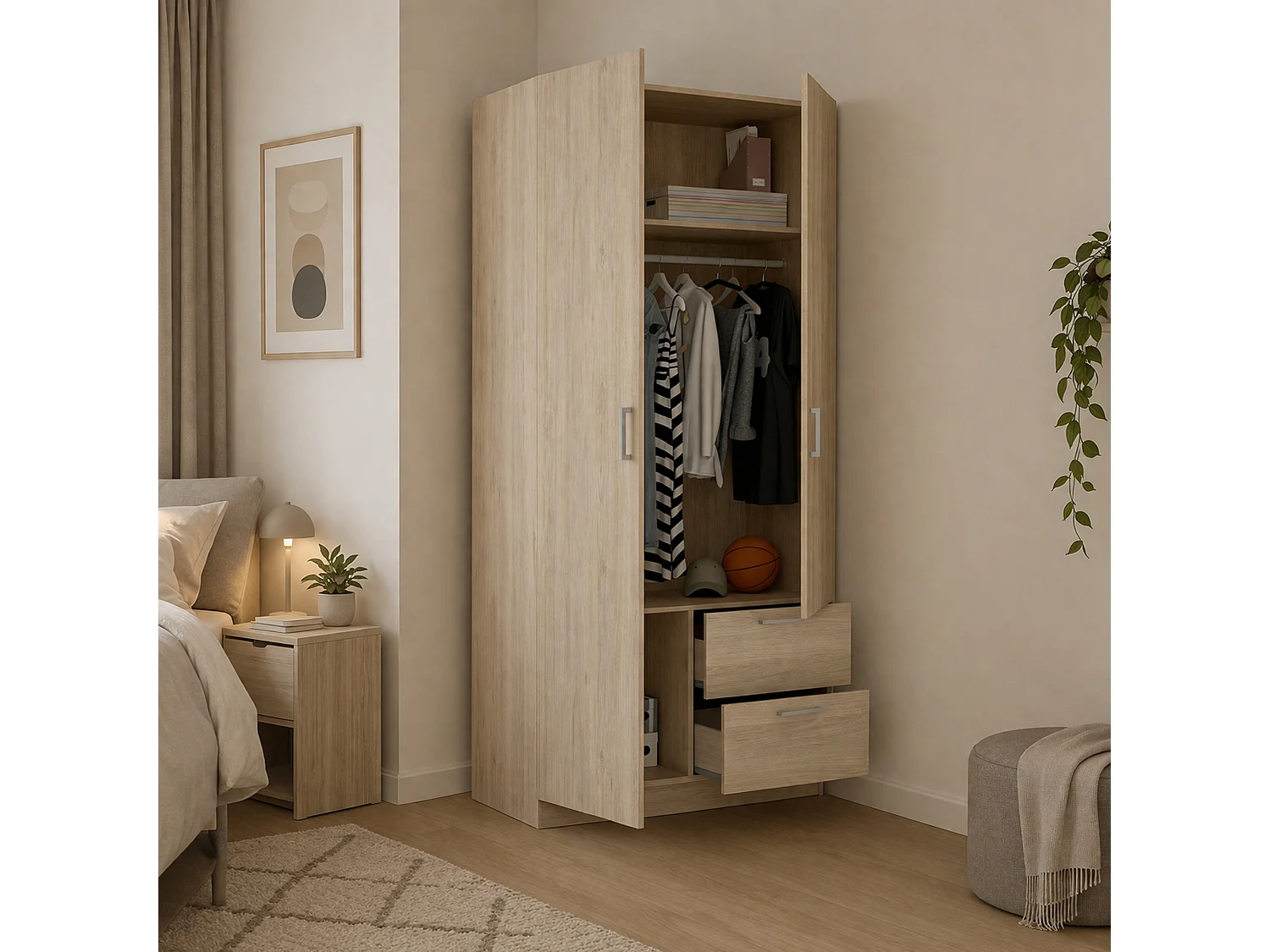 Armario Velino, Perchero para dormitorio, Armario con 2 puertas batientes y 2 cajones, 100x52h215 cm, Roble