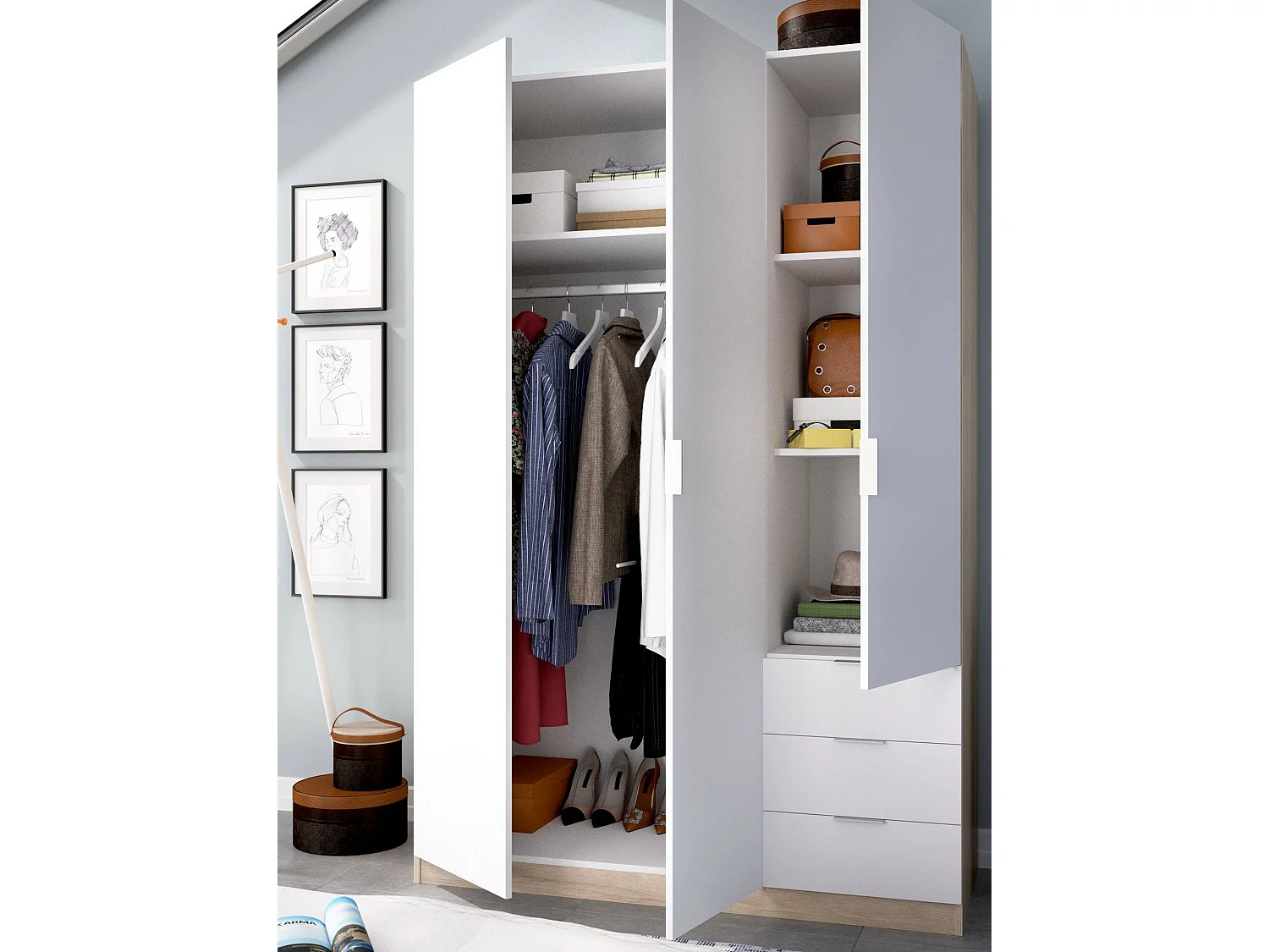 Armoire Cimone, Cintre pour chambre à coucher, Armoire avec 3 portes battantes et 3 tiroirs, 121x52h184 cm, Blanc et Chêne