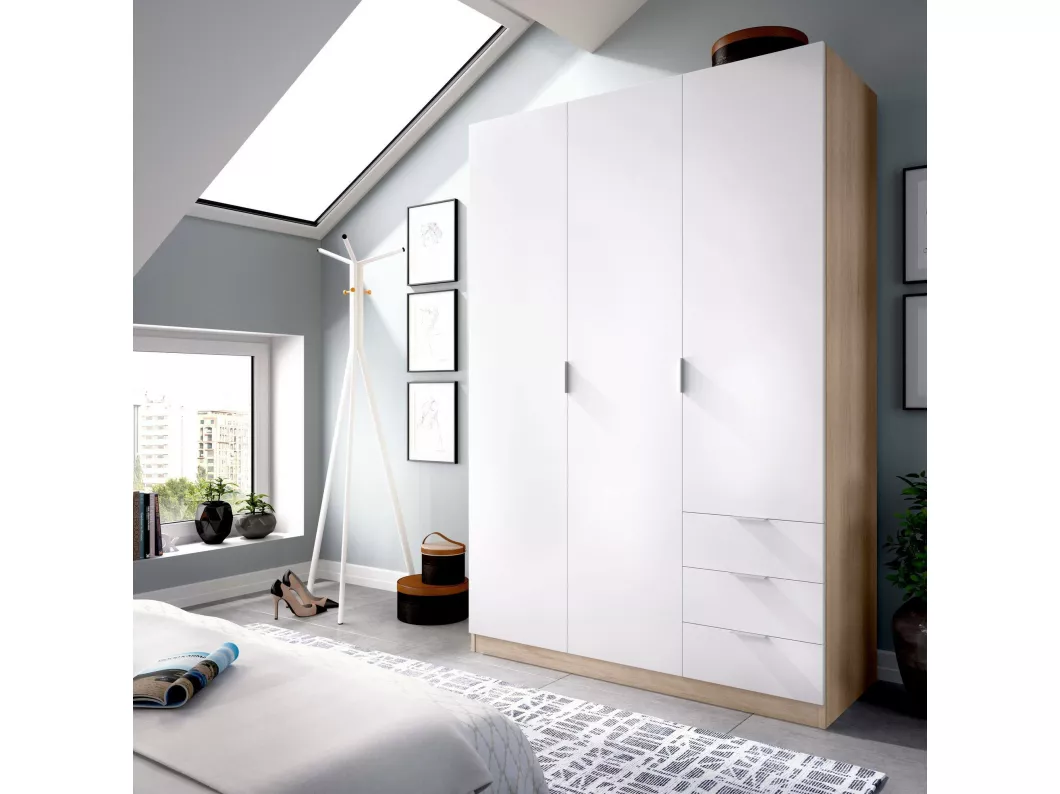 Kauf Unique Kleiderschrank Cimone, Garderobe für Schlafzimmer, Kleiderschrank mit 3 Flügeltüren und 3 Schubladen, 121x52h184 cm, Weiß und Eiche