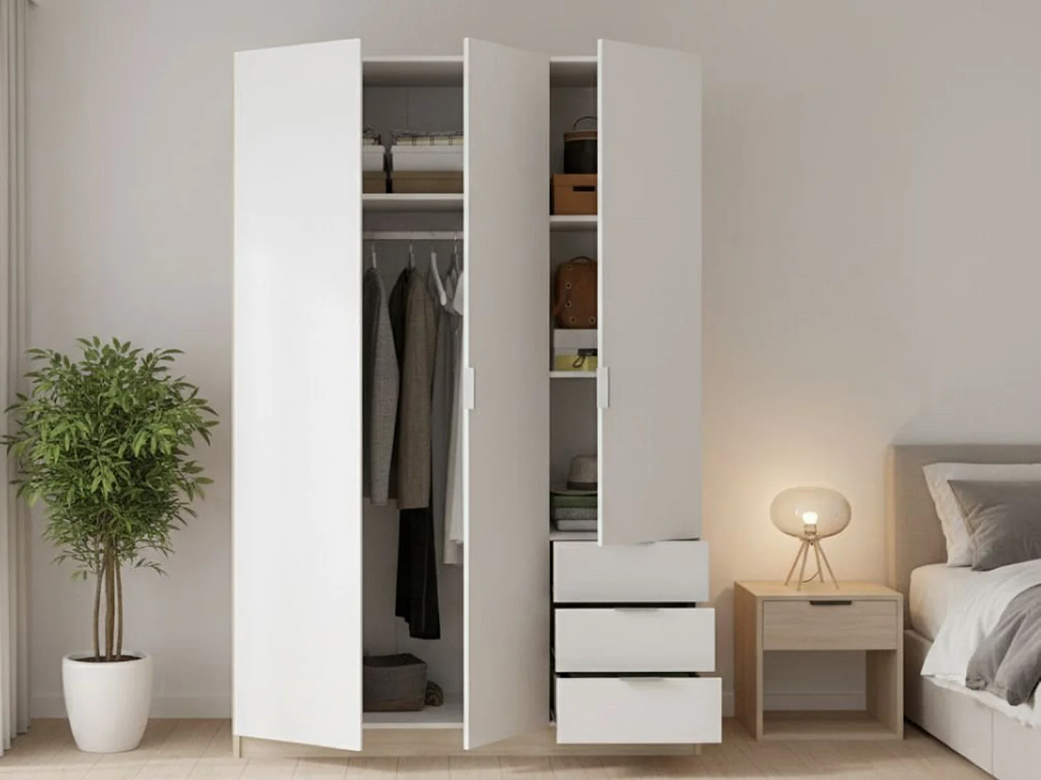 Armario Cimone, Perchero para dormitorio, Armario con 3 puertas batientes y 3 cajones, 121x52h184 cm, Blanco y Roble