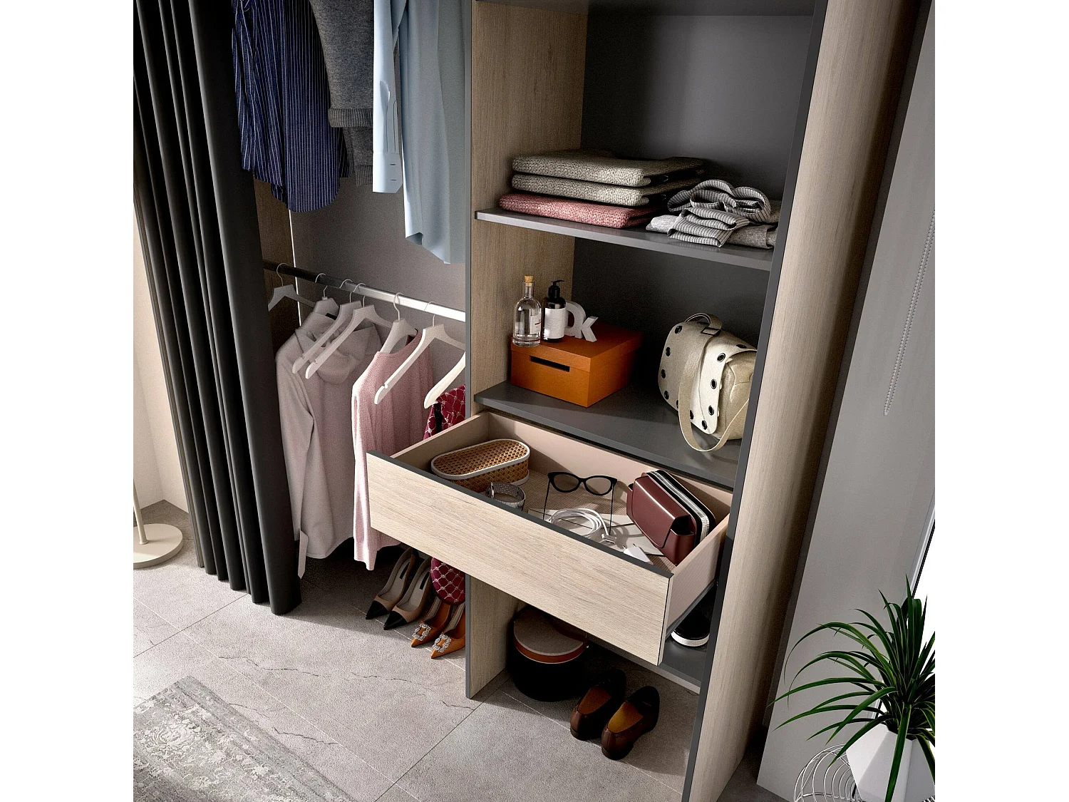 Armoire Wetterhorn, Structure pour dressing avec rideau, Cintre ouvert, 160x50h205 cm, Chêne et Anthracite