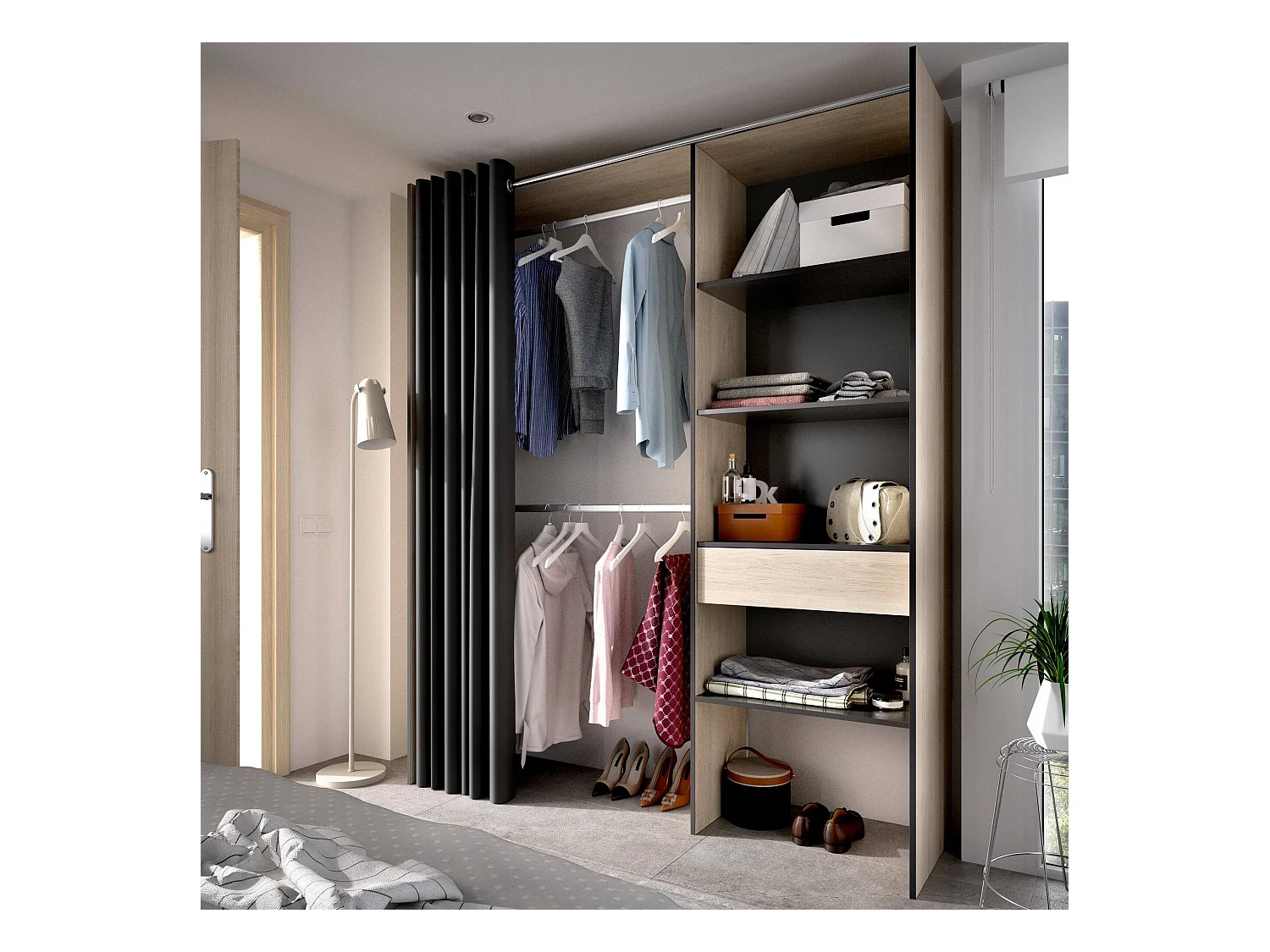 Armoire Wetterhorn, Structure pour dressing avec rideau, Cintre ouvert, 160x50h205 cm, Chêne et Anthracite