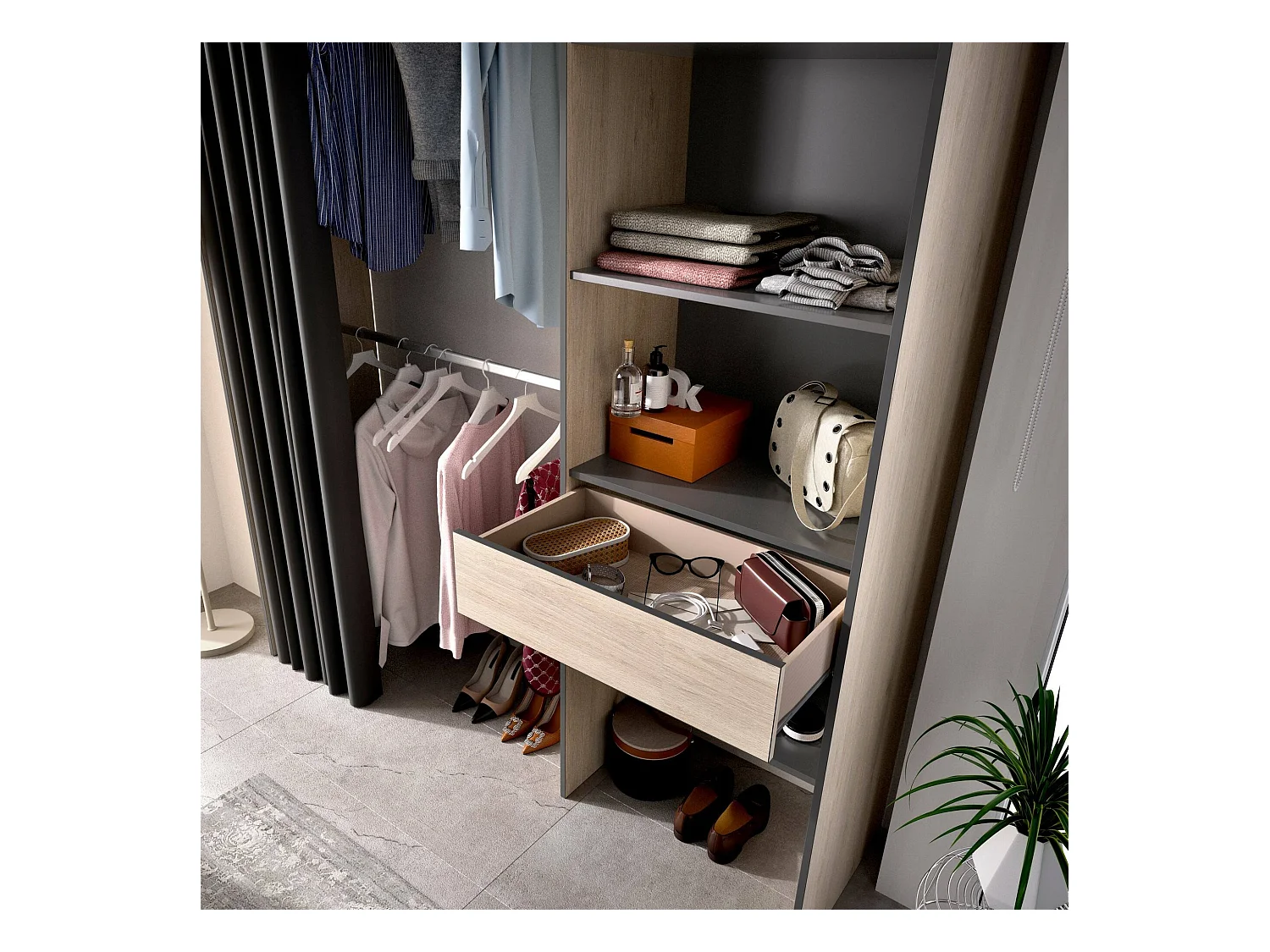 Armoire Wetterhorn, Structure pour dressing avec rideau, Cintre ouvert, 160x50h205 cm, Chêne et Anthracite