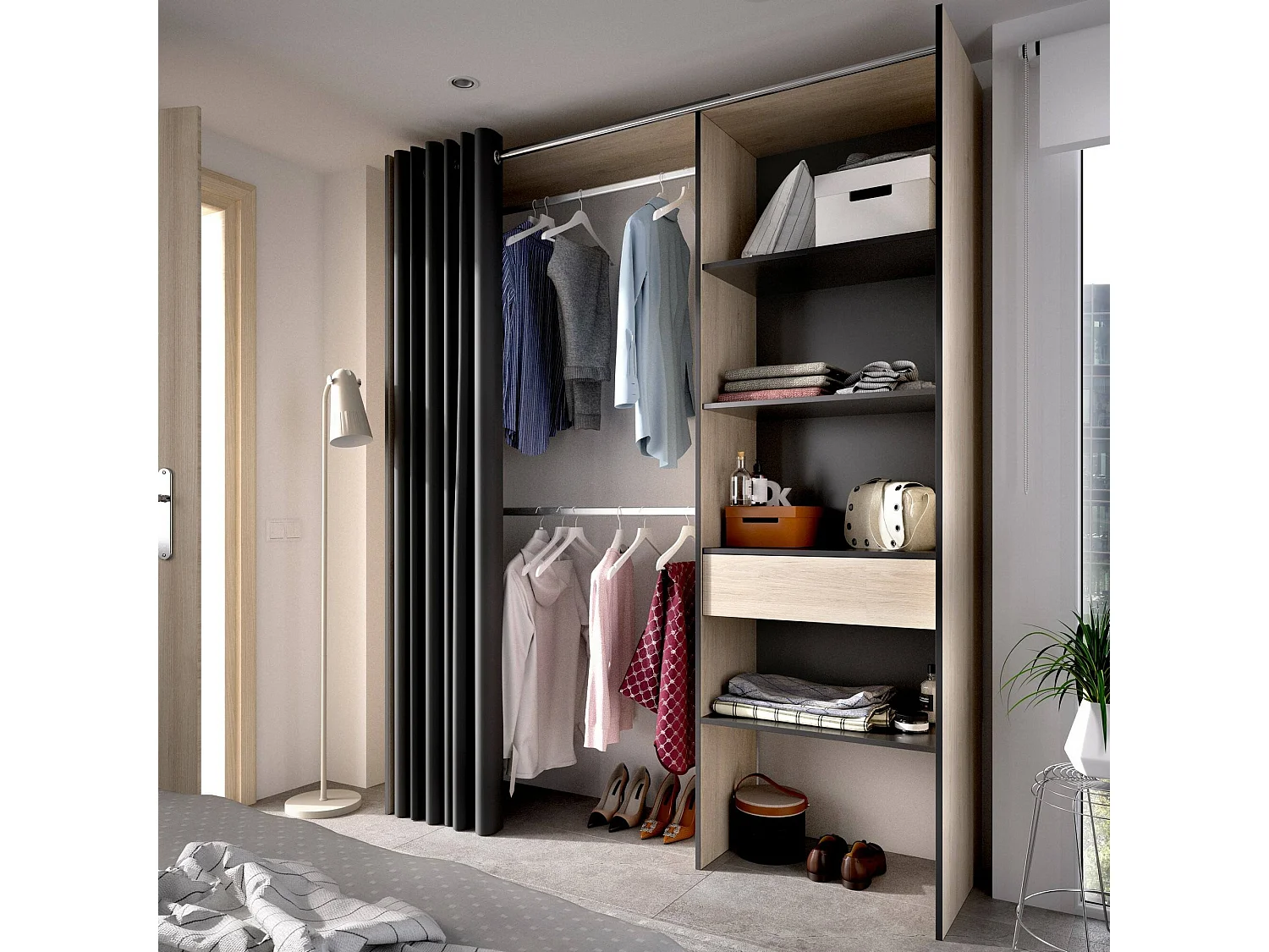 Armario Wetterhorn, Estructura para vestidor con cortina, Perchero abierto, 160x50h205 cm, Roble y Antracita