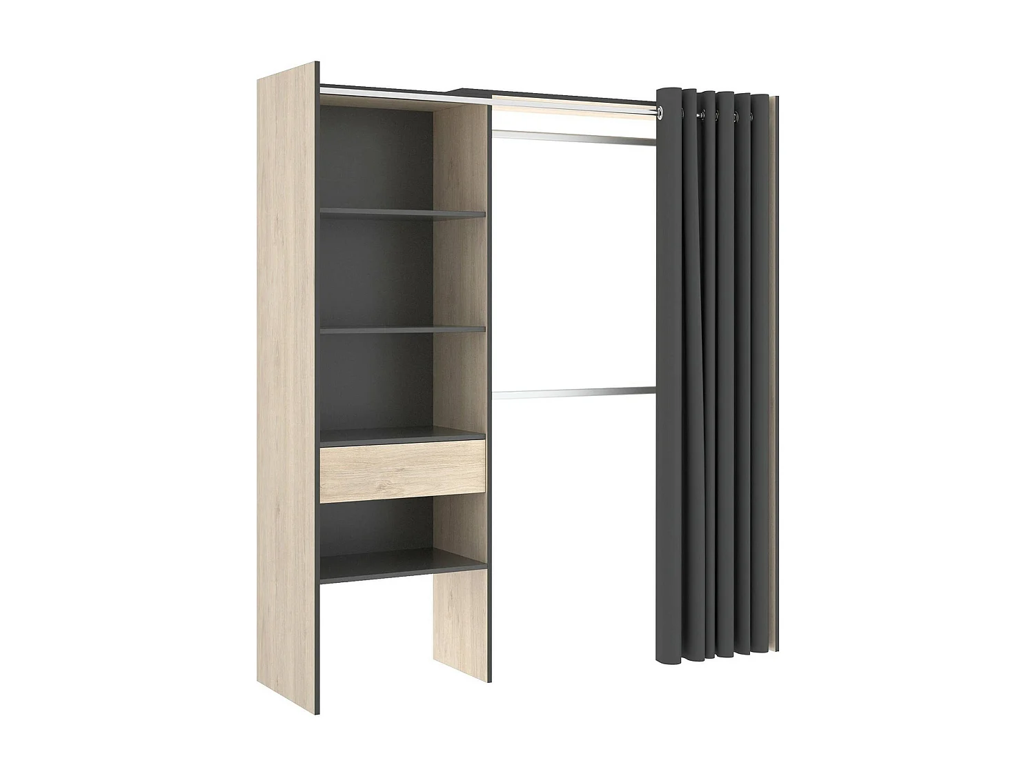 Armoire Wetterhorn, Structure pour dressing avec rideau, Cintre ouvert, 160x50h205 cm, Chêne et Anthracite