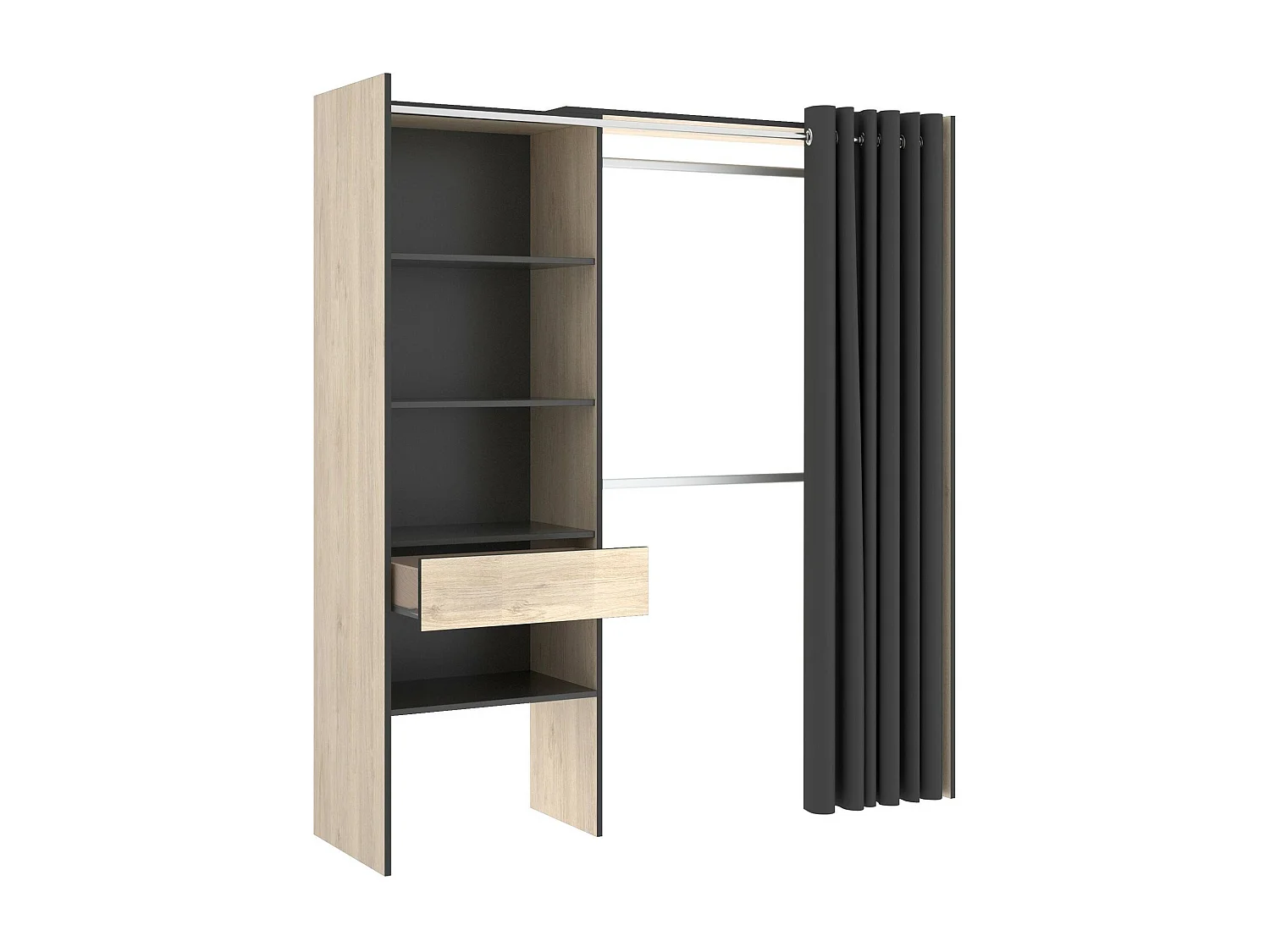 Armoire Wetterhorn, Structure pour dressing avec rideau, Cintre ouvert, 160x50h205 cm, Chêne et Anthracite