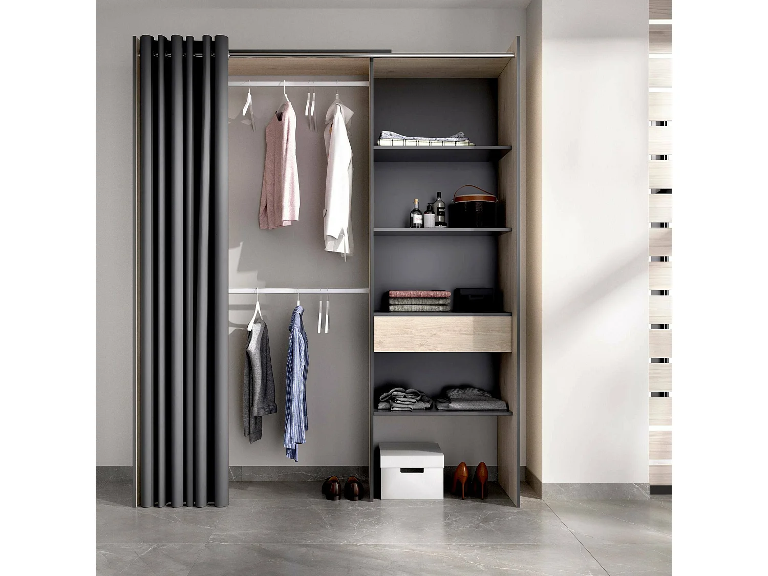 Armário Wetterhorn, Estrutura para guarda-roupa com cortina, Cabide aberto, 160x50h205 cm, Carvalho e Antracite