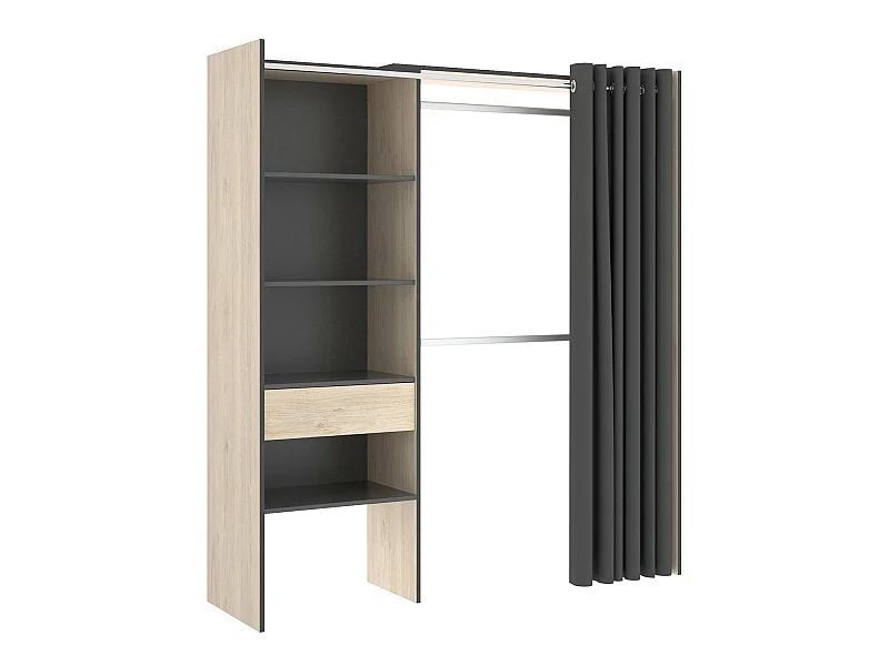 Armoire Wetterhorn, Structure pour dressing avec rideau, Cintre ouvert, 160x50h205 cm, Chêne et Anthracite