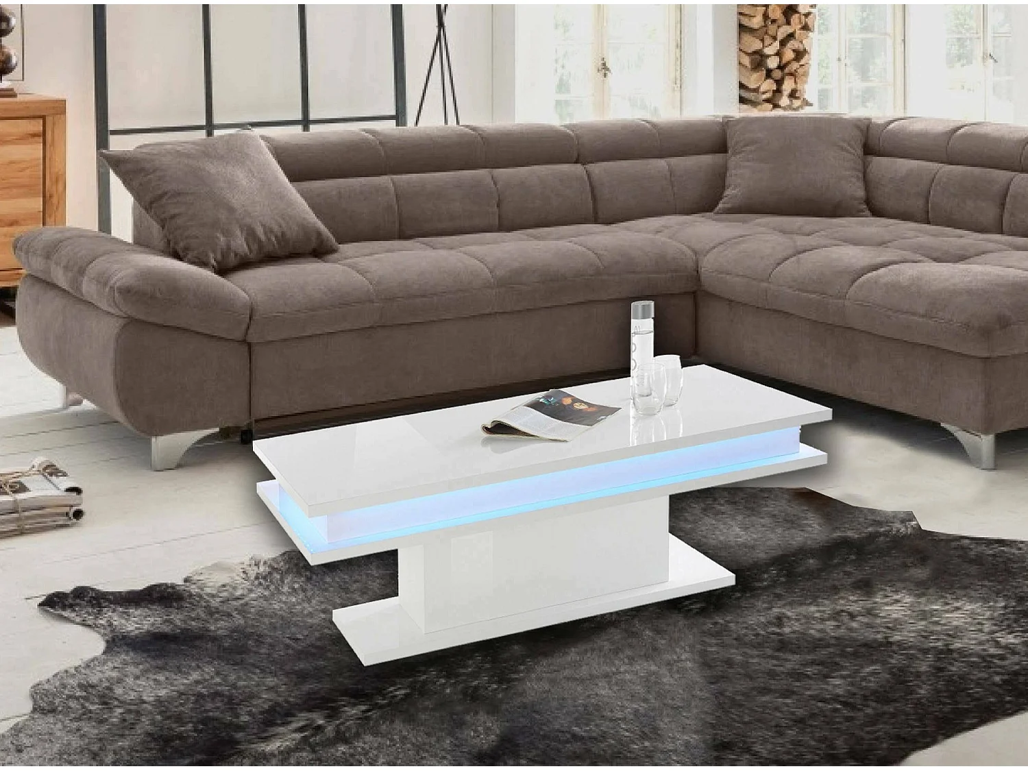 Dgandin salontafel, Lage salontafel, Tijdschriftenrek, 100% Made in Italy, 100x55h42 cm, Glanzend wit met LED-licht