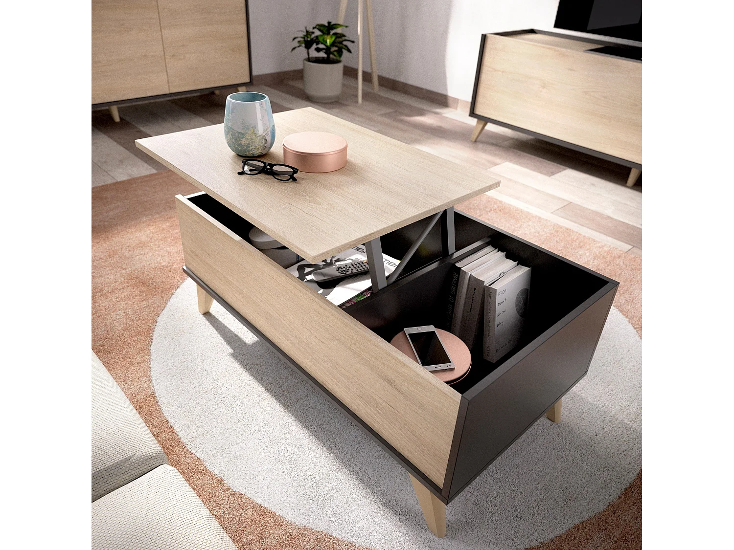 Dmora Salontafel Cuna 60x99x41h cm Antraciet Zwart, Opbergruimte, Rechthoekige Vorm