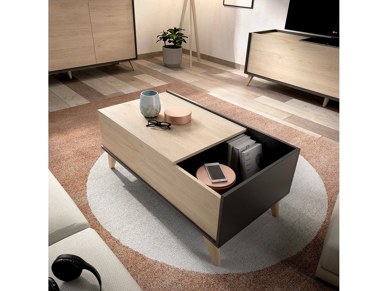 Mesita Cuna, Revistero de salón con compartimento, Mesita baja, 99x60h41 cm, Antracita y Roble