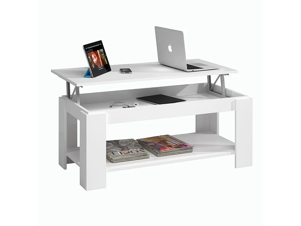 Ddeviti salontafel, Salontafel met verhoogde plank, Lage woonkamertafel, 102x50h43/54 cm, Mat wit