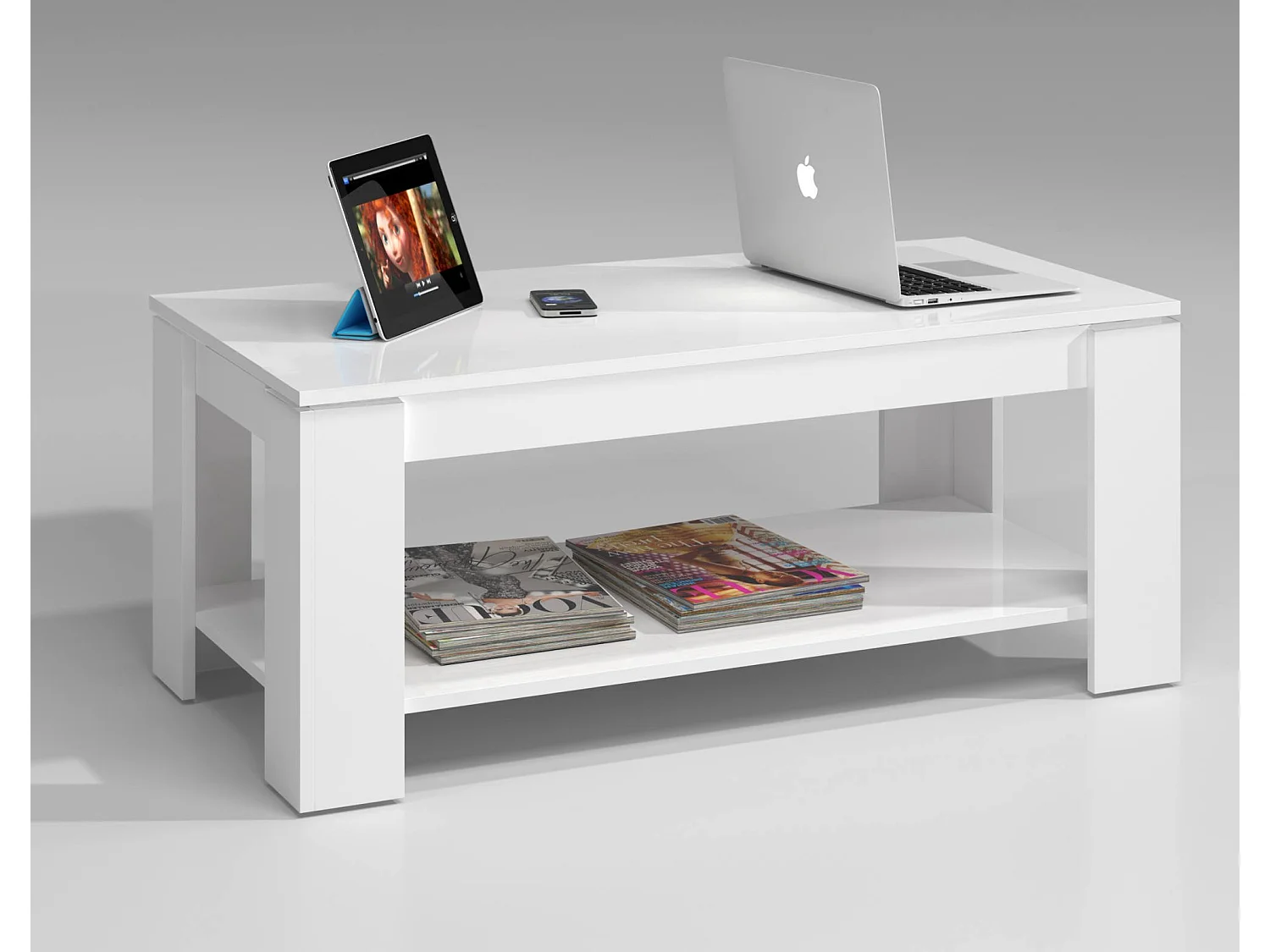 Ddeviti salontafel, Salontafel met verhoogde plank, Lage woonkamertafel, 102x50h43/54 cm, Mat wit