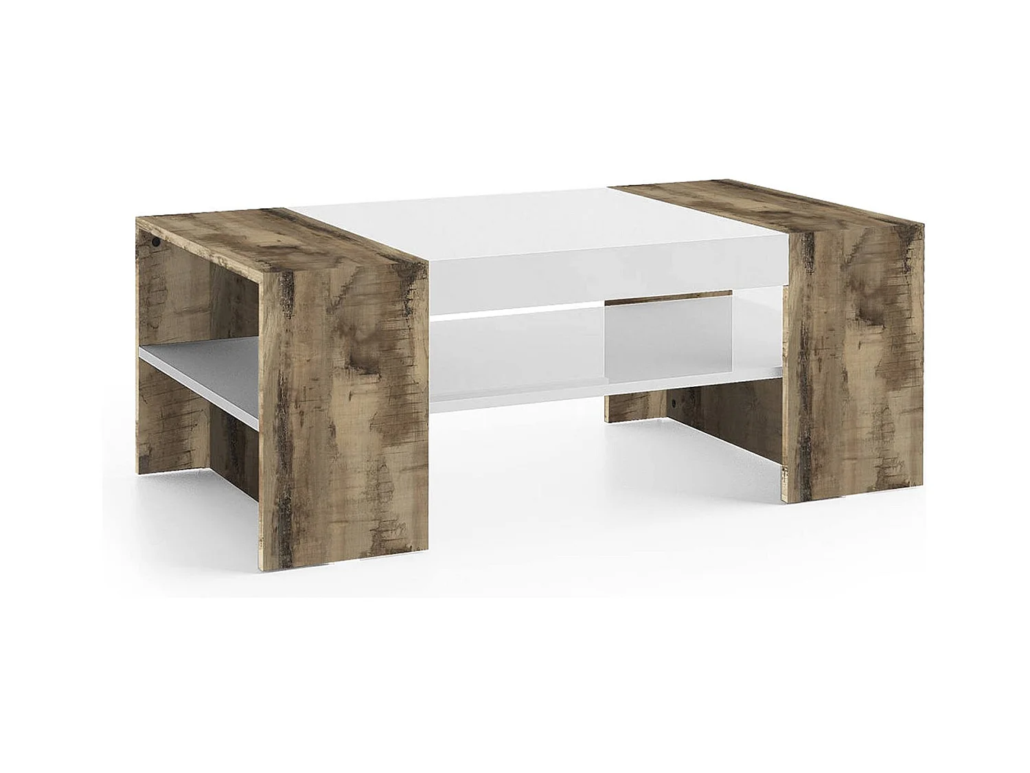 Table basse Dfort, Table basse, Porte-revues, 100% Made in Italy, 110x60h40 cm, Blanc brillant et Érable