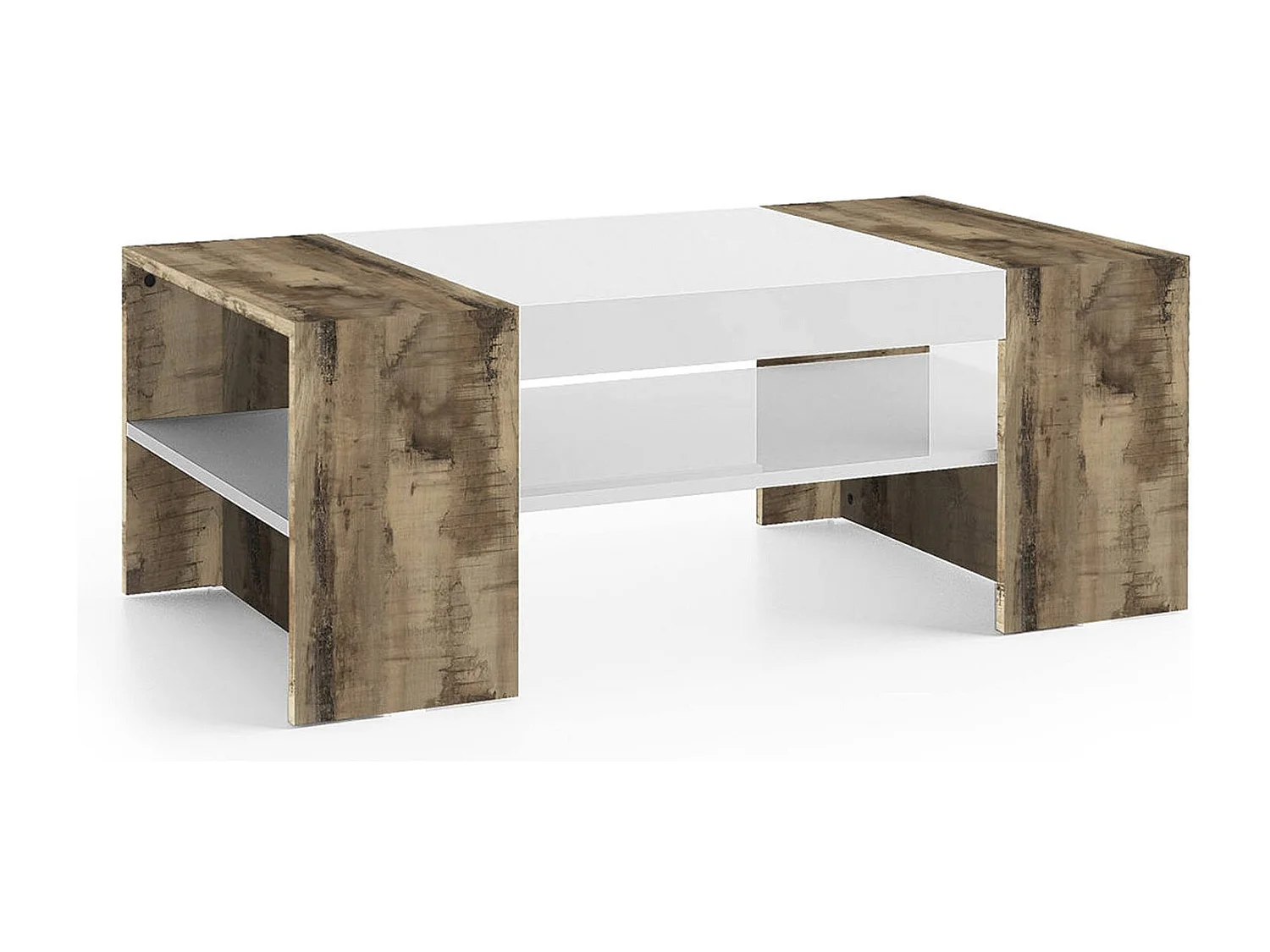 Table basse Dfort, Table basse, Porte-revues, 100% Made in Italy, 110x60h40 cm, Blanc brillant et Érable