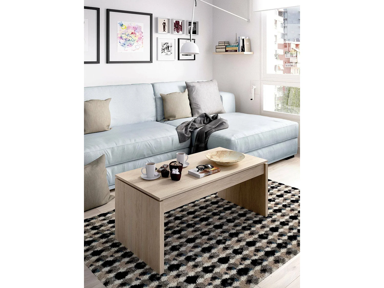 Table basse Cuar, Porte-revues de salon avec compartiment de rangement, Table basse élévatrice basse, 102x50h43 cm, Chêne